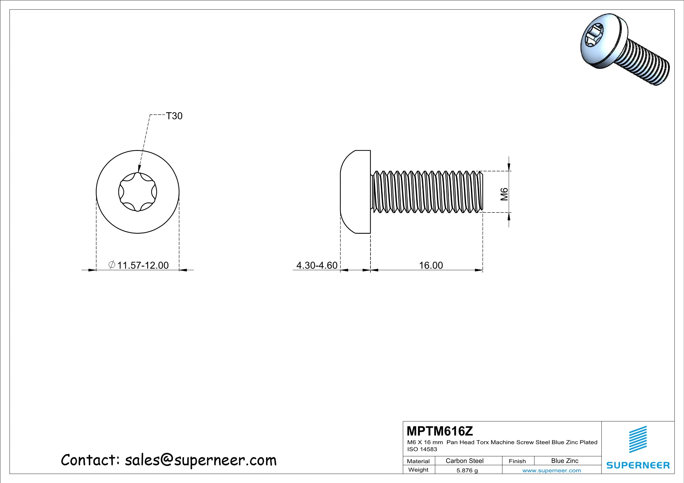 M6 x 16 mm Pan Head Torx Machine Screw Steel Blue Zinc Plated ISO 14583