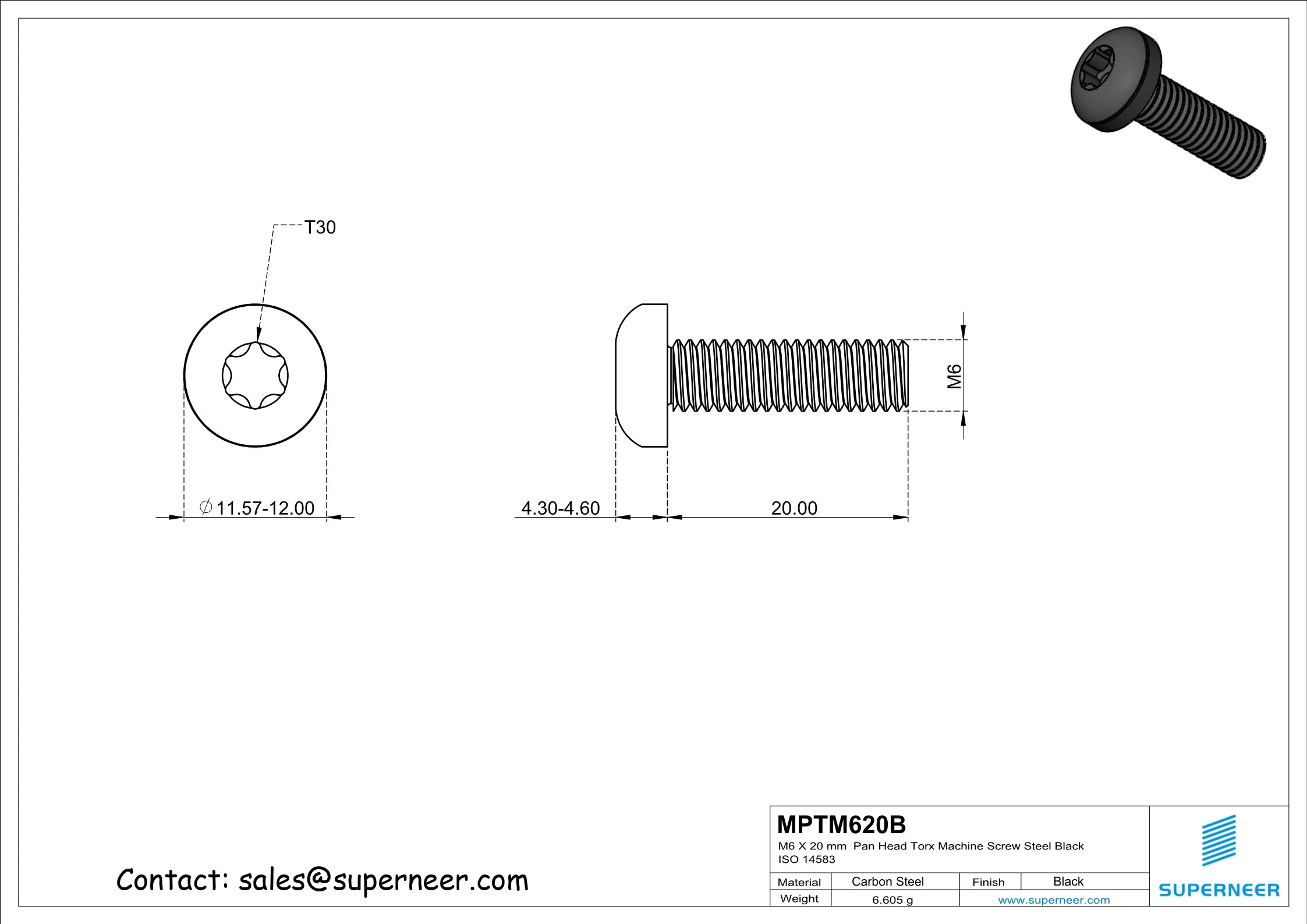 M6 x 20 mm Pan Head Torx Machine Screw Steel Black ISO 14583