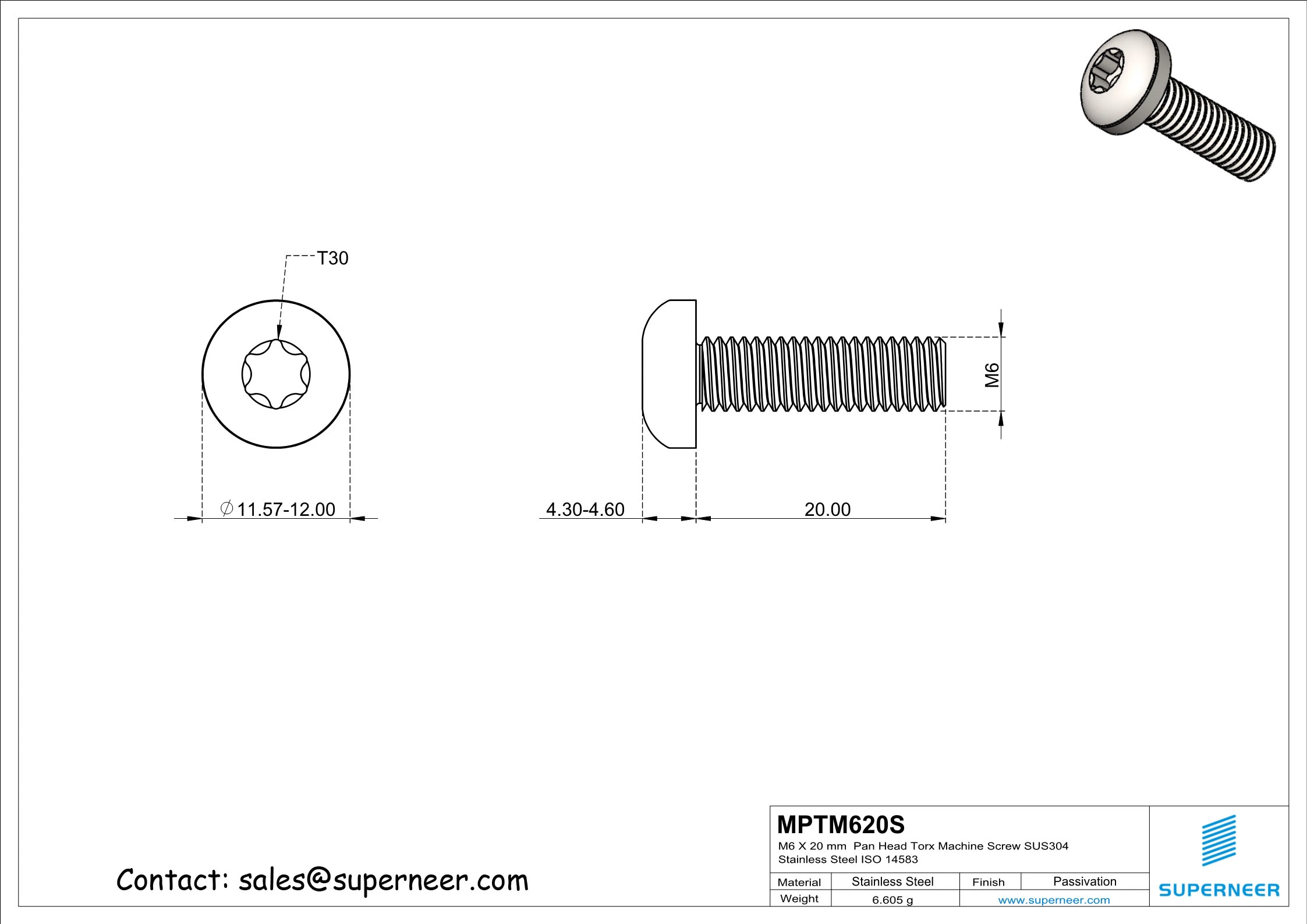 M6 x  20 mm  Pan Head Torx Machine Screw SUS304 Stainless Steel Inox ISO 14583