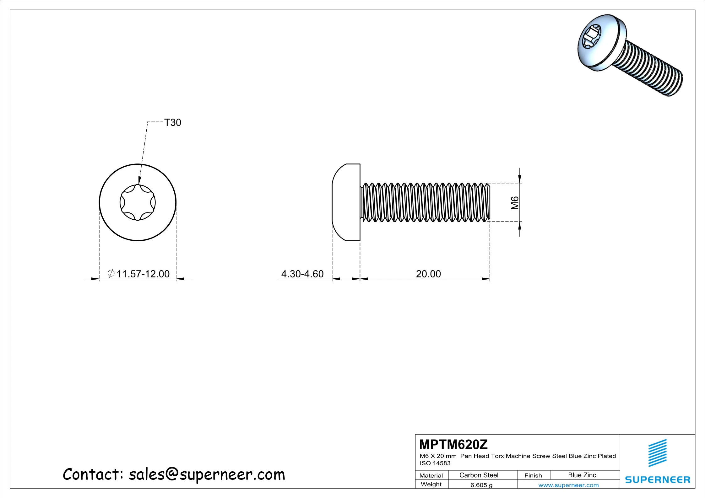 M6 x 20 mm Pan Head Torx Machine Screw Steel Blue Zinc Plated ISO 14583