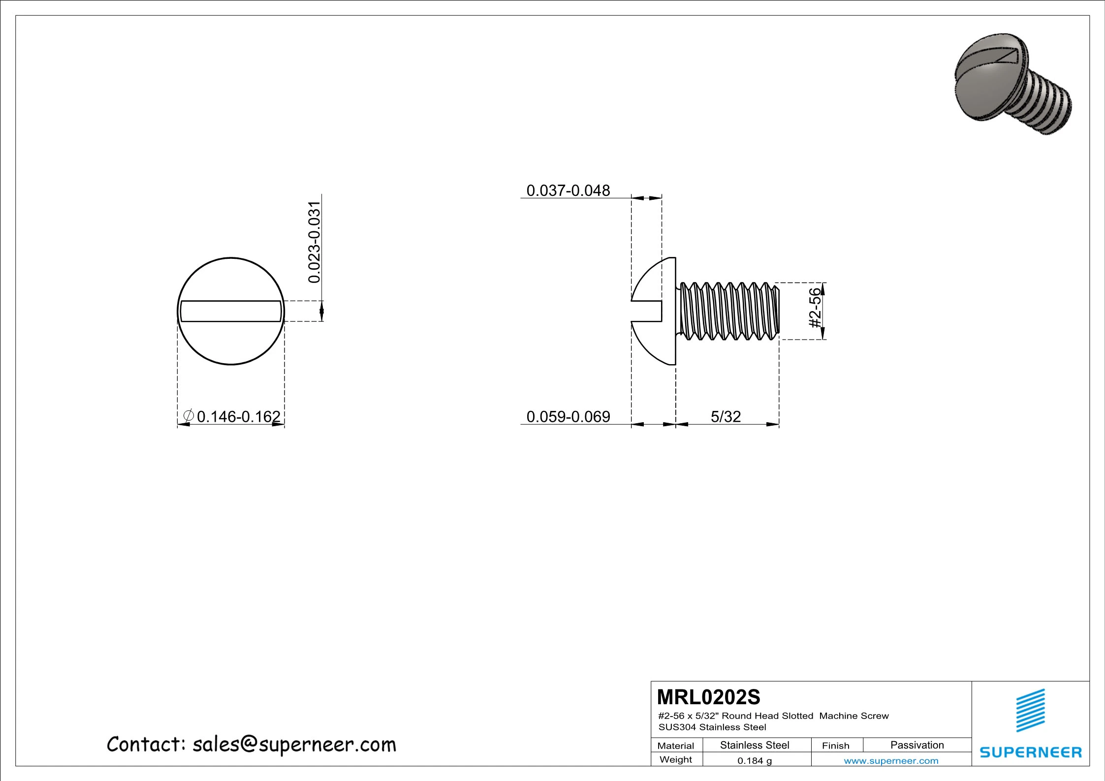 2-56  x 5/32" Round Head Slotted  Machine Screw SUS304 Stainless Steel Inox