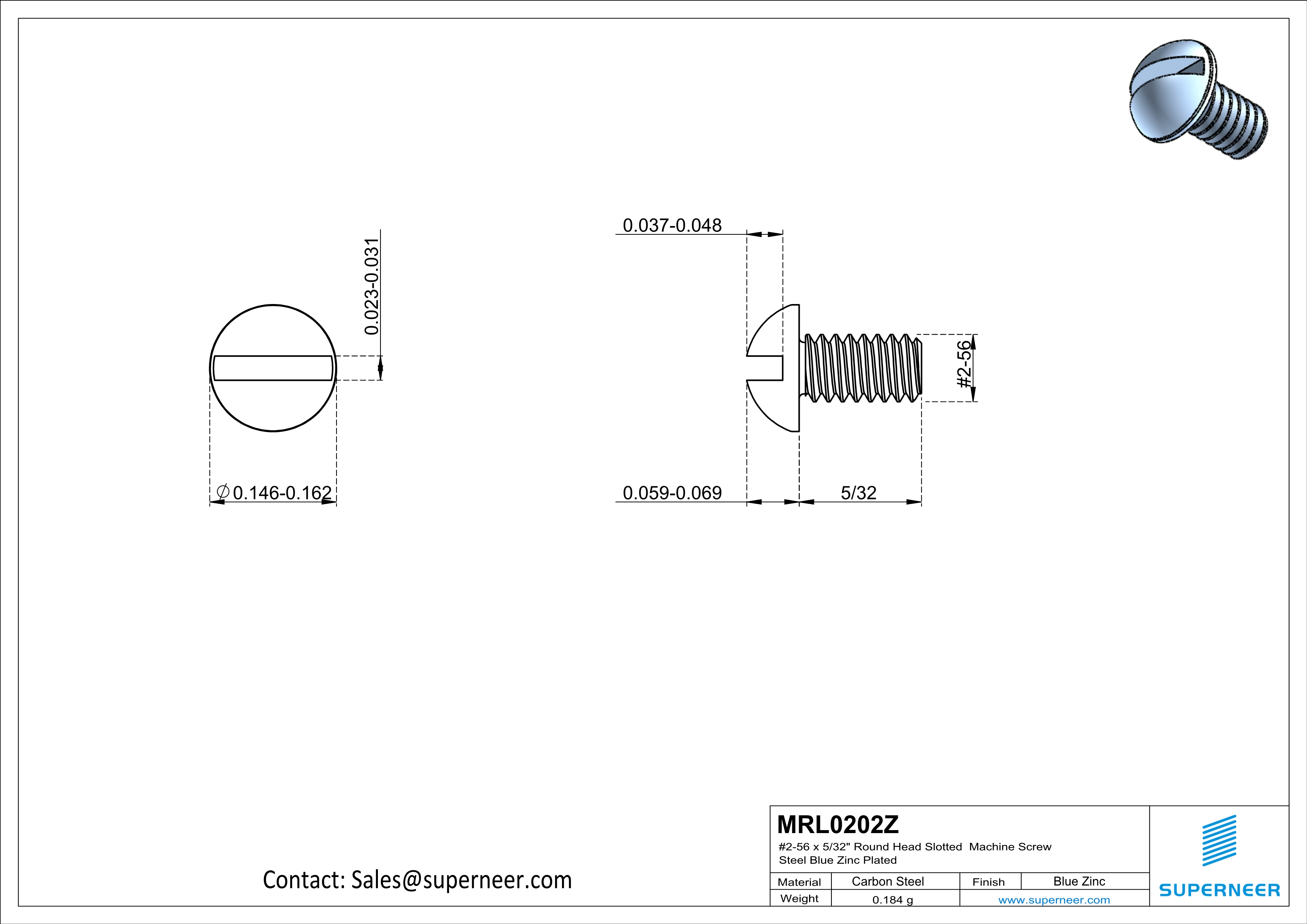 2-56 x 5/32" Round Head Slotted Machine Screw Steel Blue Zinc Plated