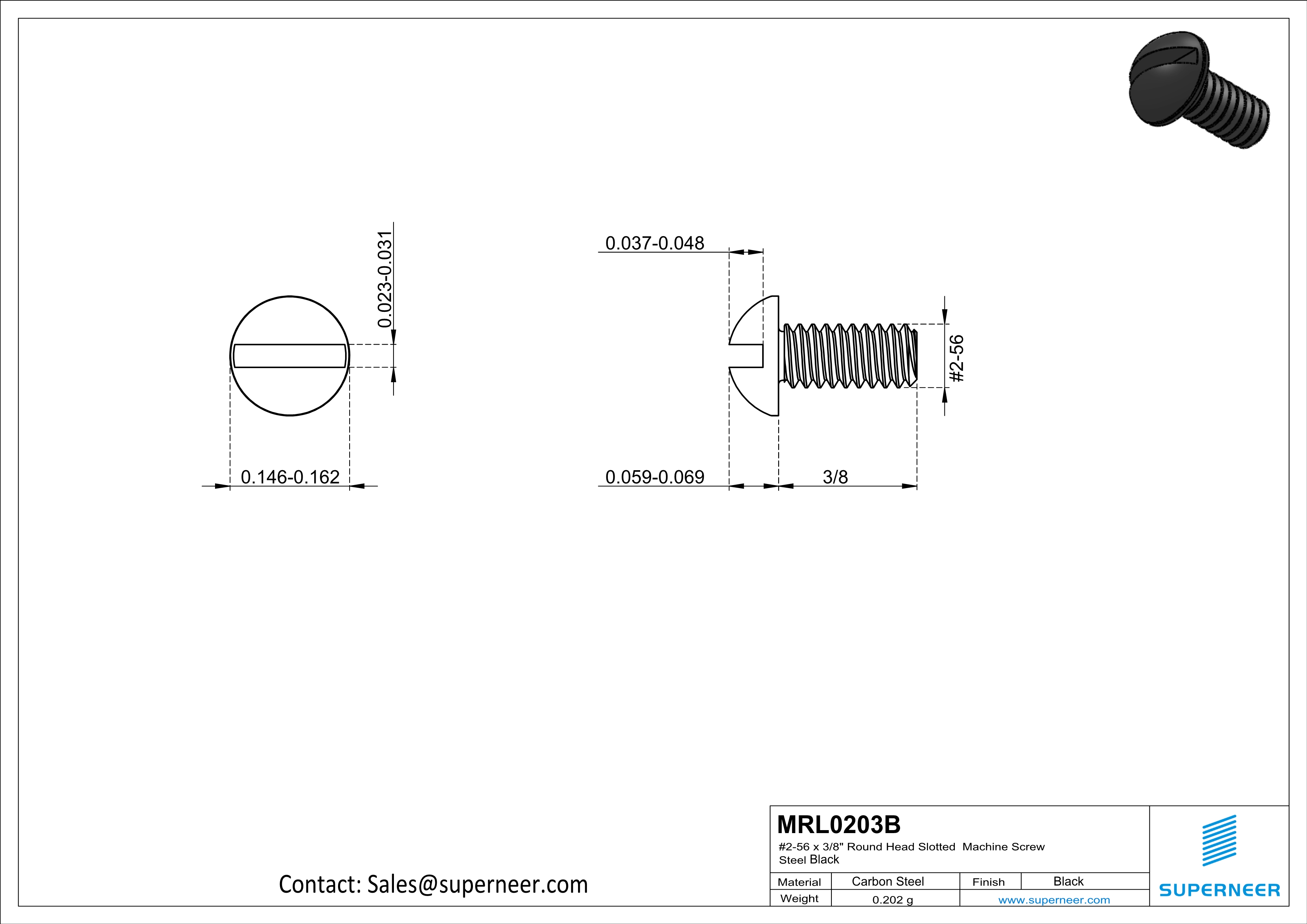 2-56 x 3/16" Round Head Slotted Machine Screw Steel Black