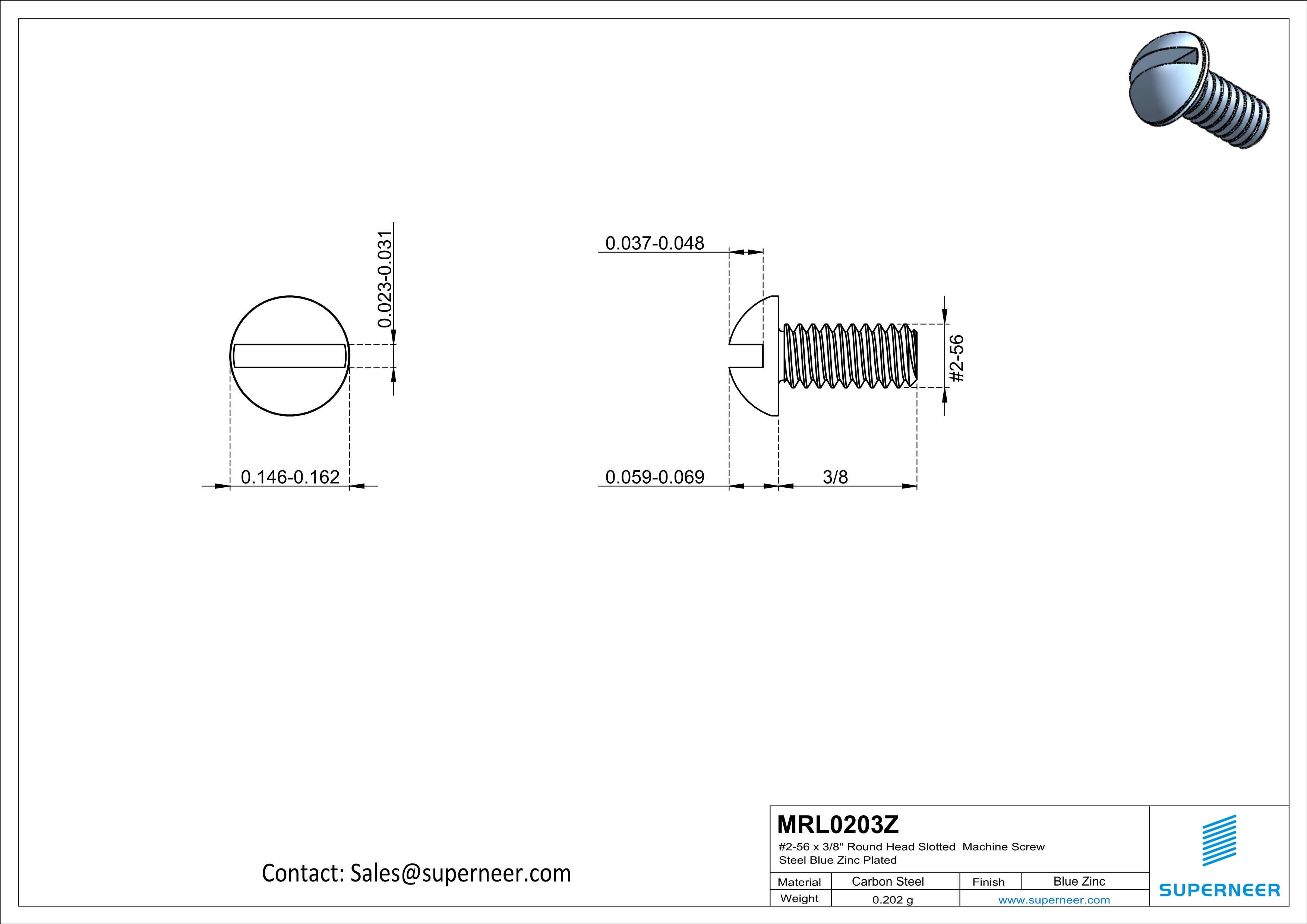 2-56 x 3/16" Round Head Slotted Machine Screw Steel Blue Zinc Plated