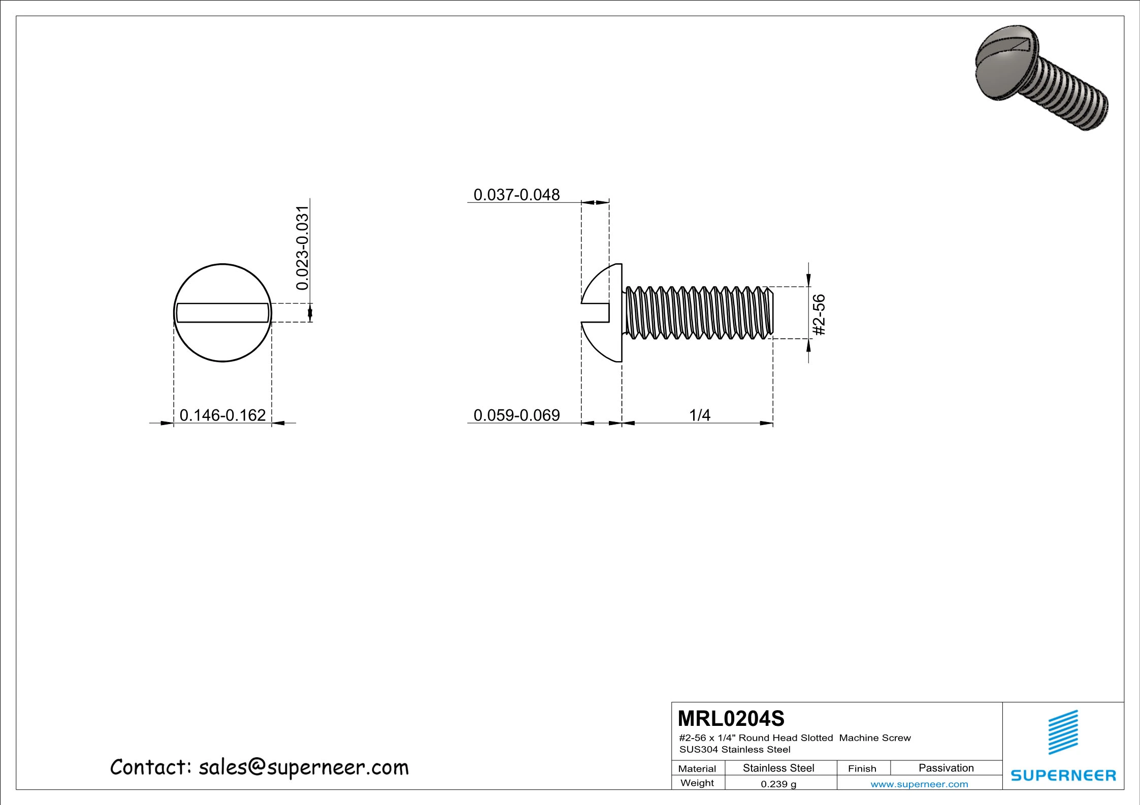 2-56 x 1/4" Round Head Slotted  Machine Screw SUS304 Stainless Steel Inox