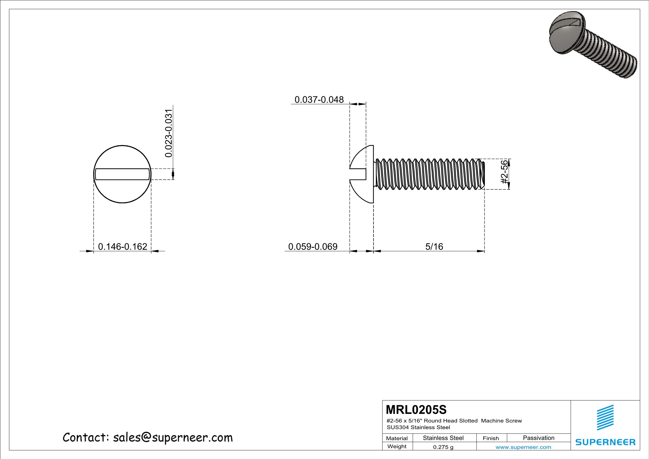 2-56  x 5/16" Round Head Slotted  Machine Screw SUS304 Stainless Steel Inox