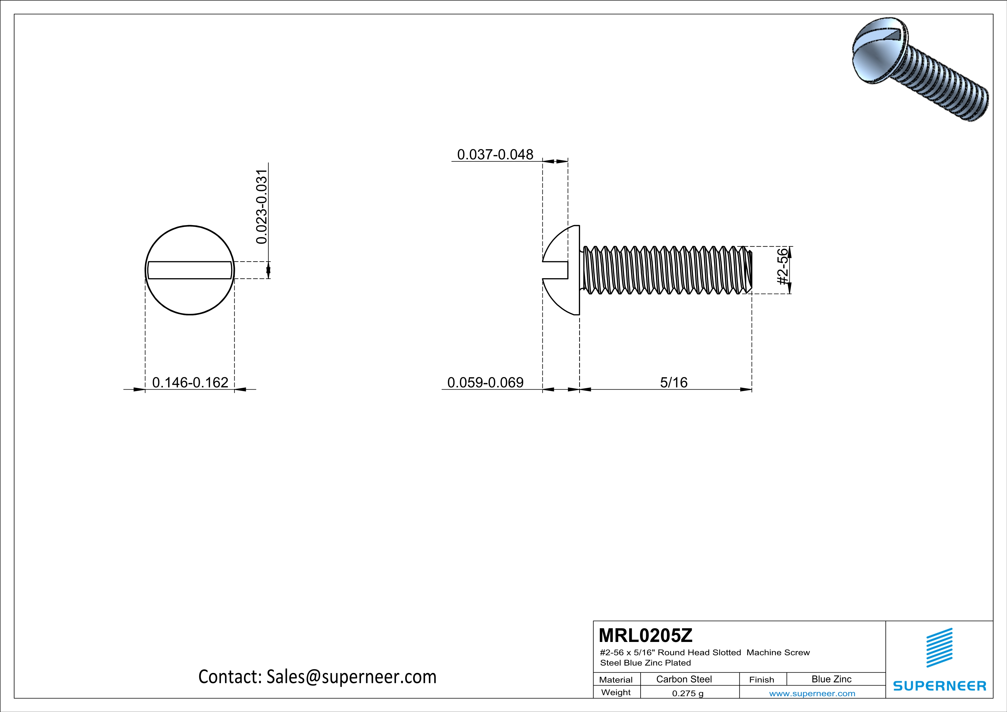 2-56 x 5/16" Round Head Slotted Machine Screw Steel Blue Zinc Plated