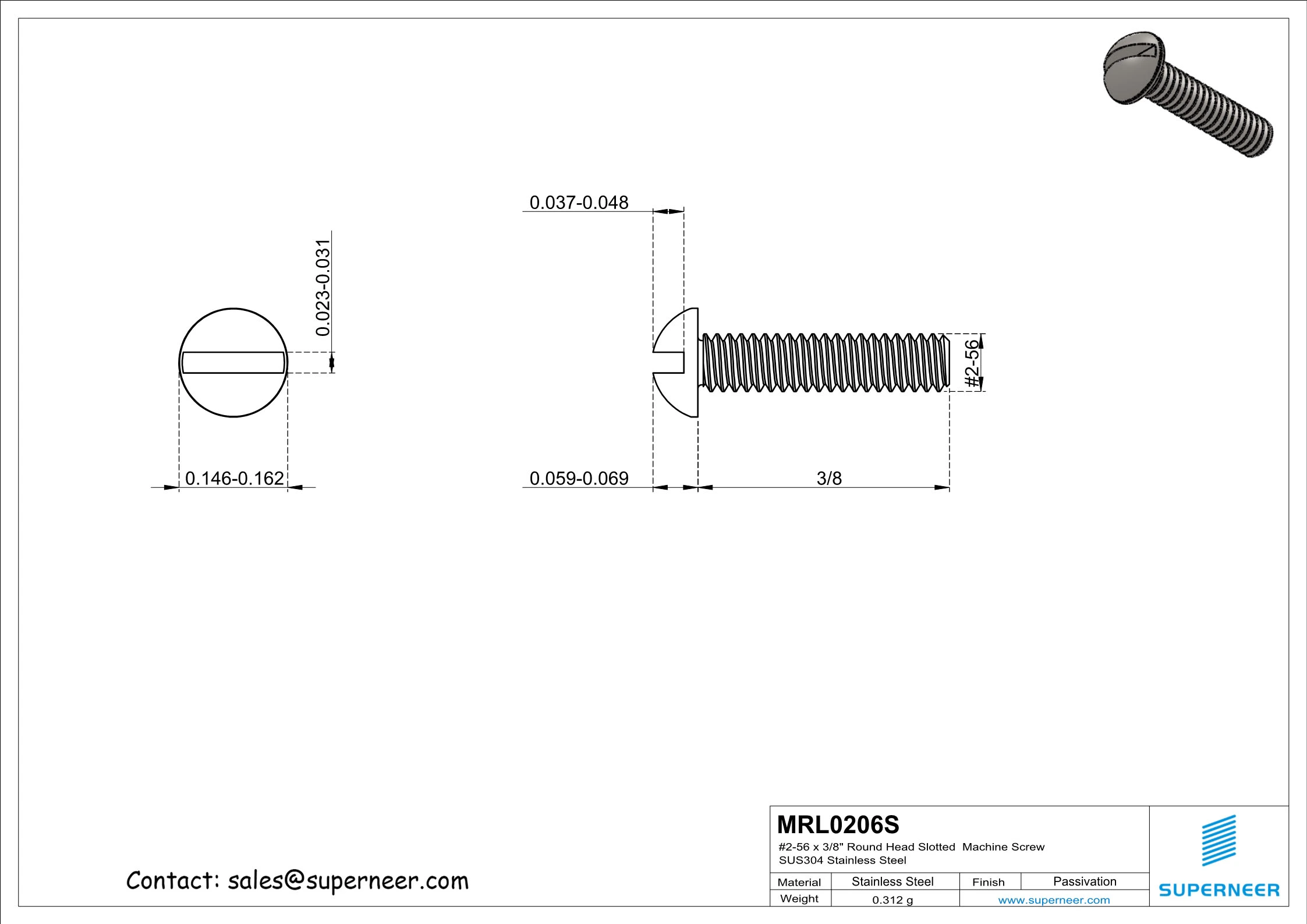 2-56  x 3/8" Round Head Slotted  Machine Screw SUS304 Stainless Steel Inox