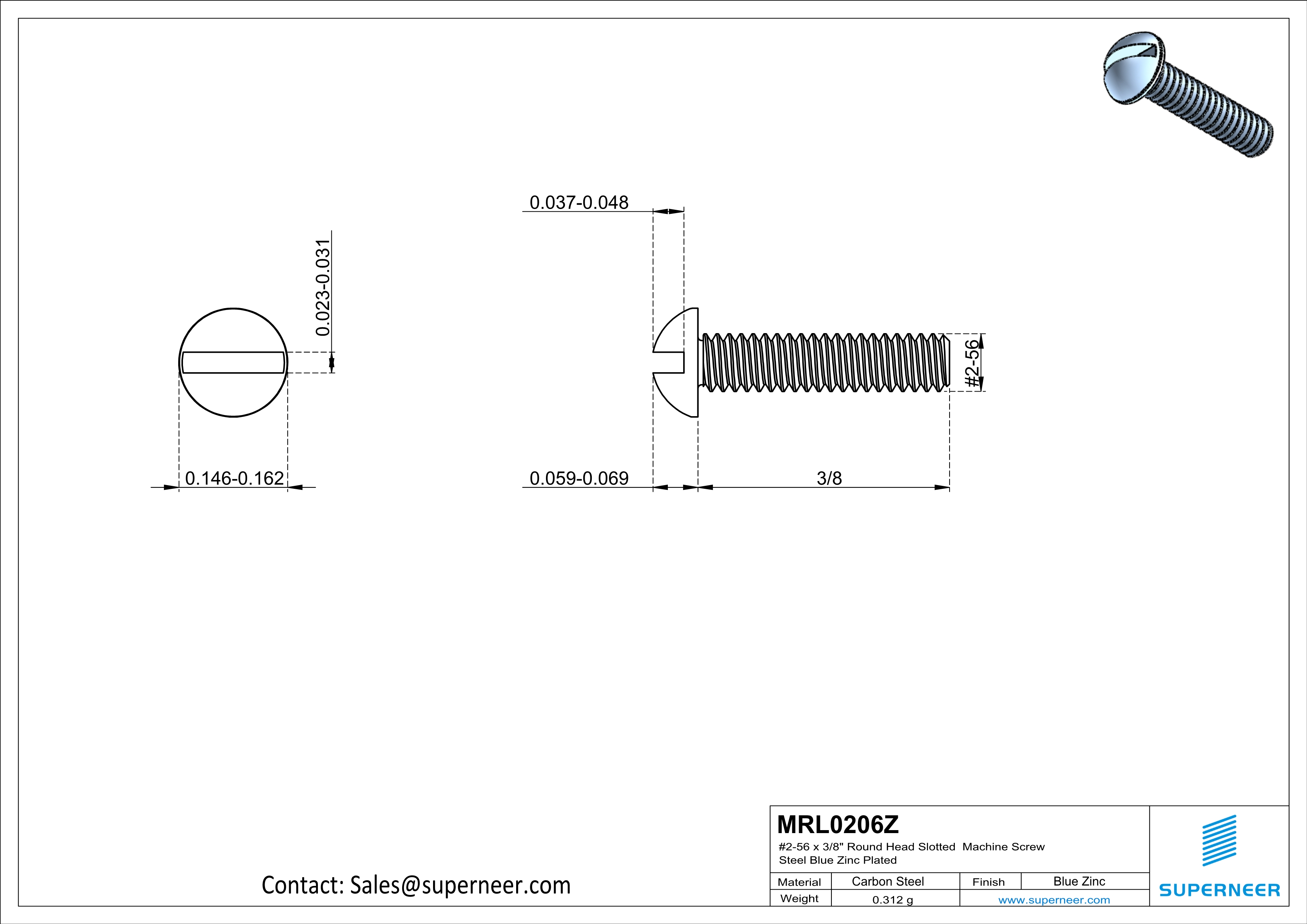 2-56 x 3/8" Round Head Slotted Machine Screw Steel Blue Zinc Plated