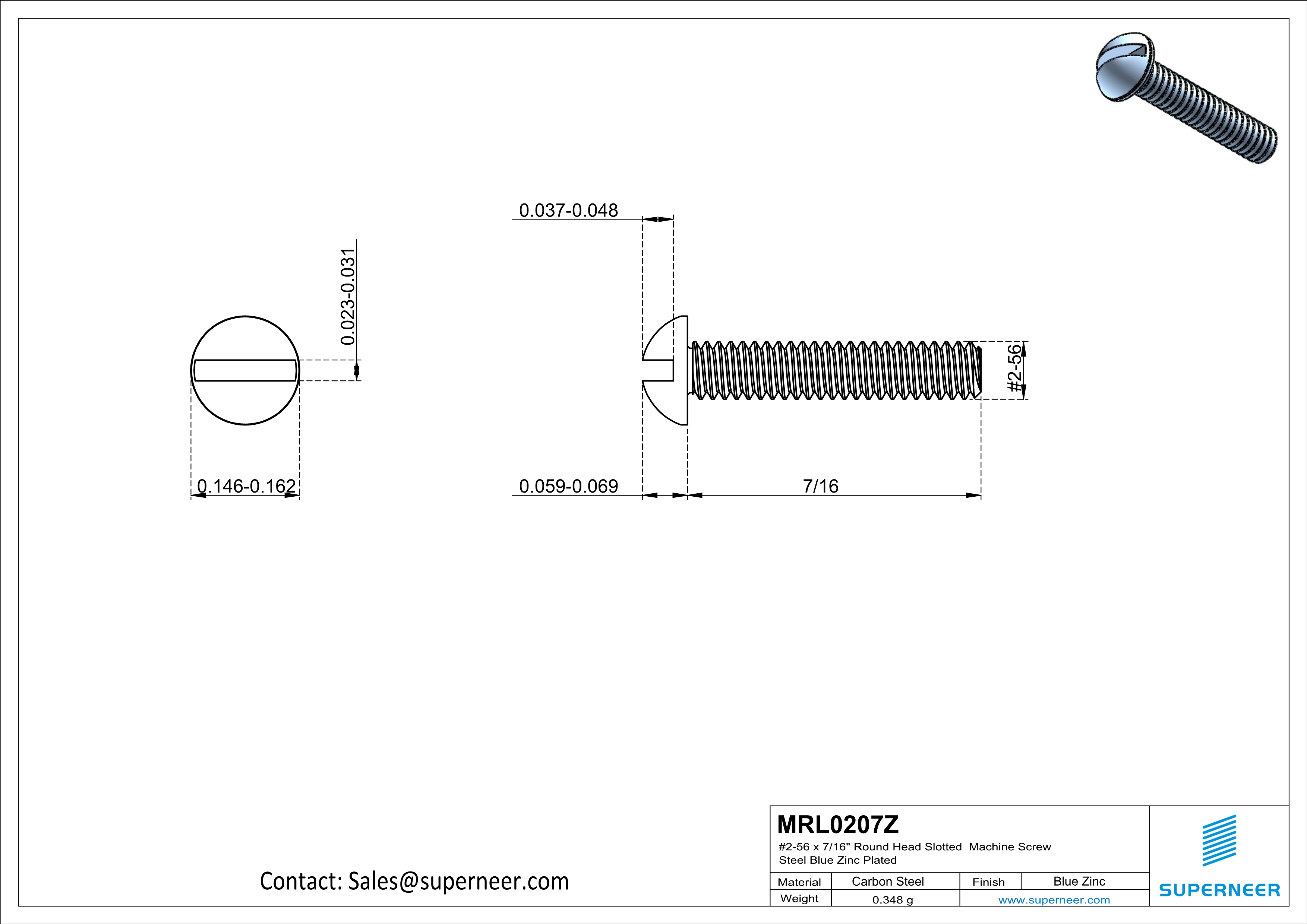 2-56 x 7/16" Round Head Slotted Machine Screw Steel Blue Zinc Plated