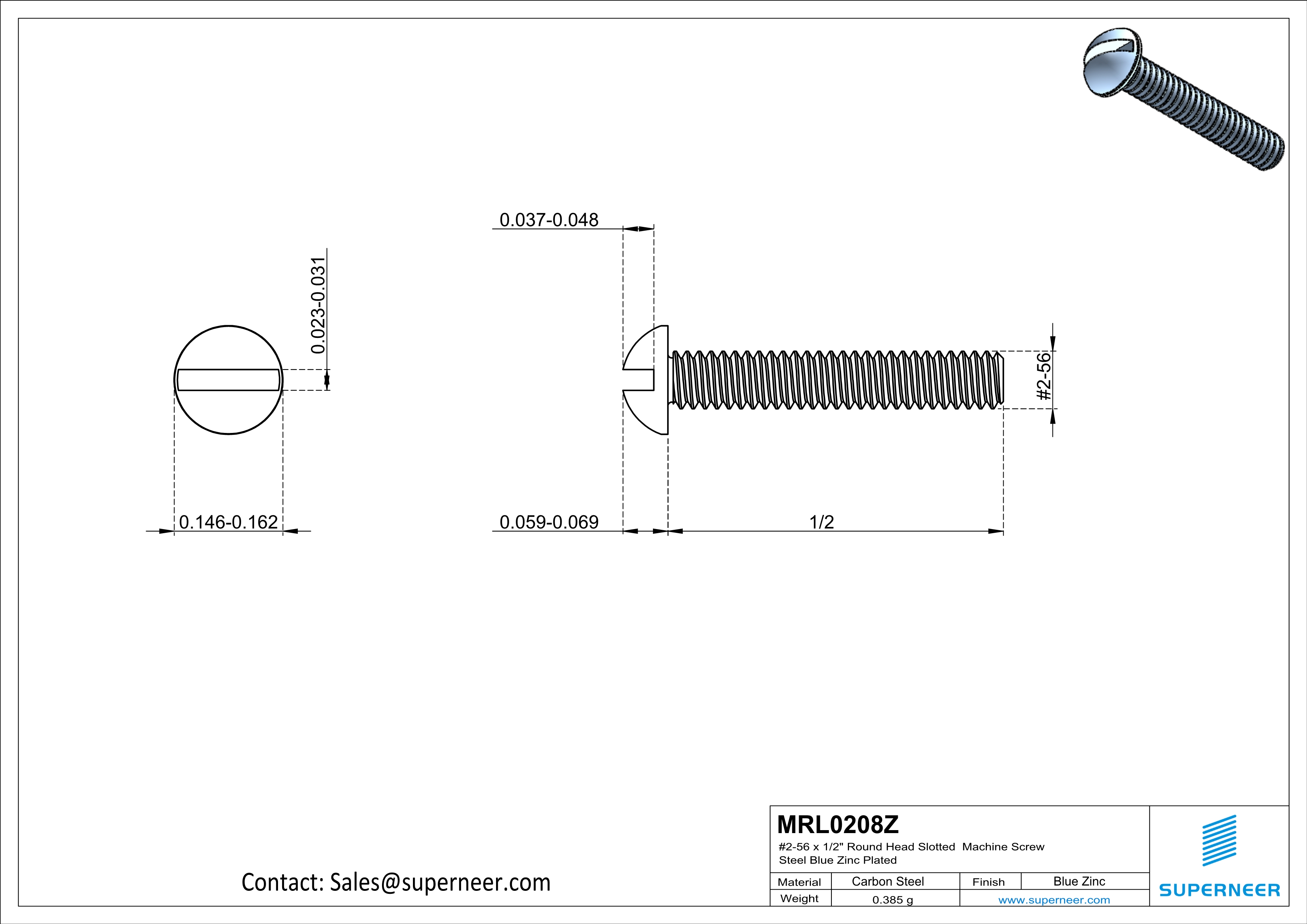 2-56 x 1/2" Round Head Slotted Machine Screw Steel Blue Zinc Plated