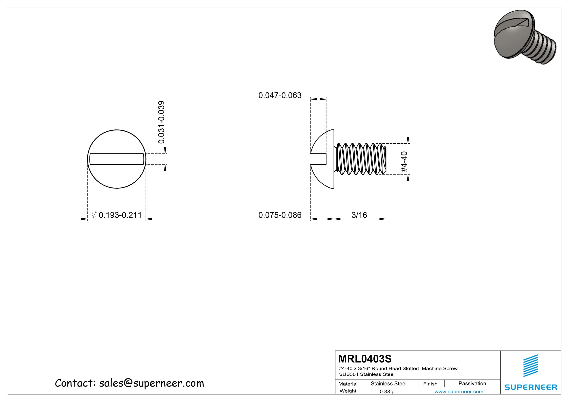 4-40 x 3/16" Round Head Slotted  Machine Screw SUS304 Stainless Steel Inox