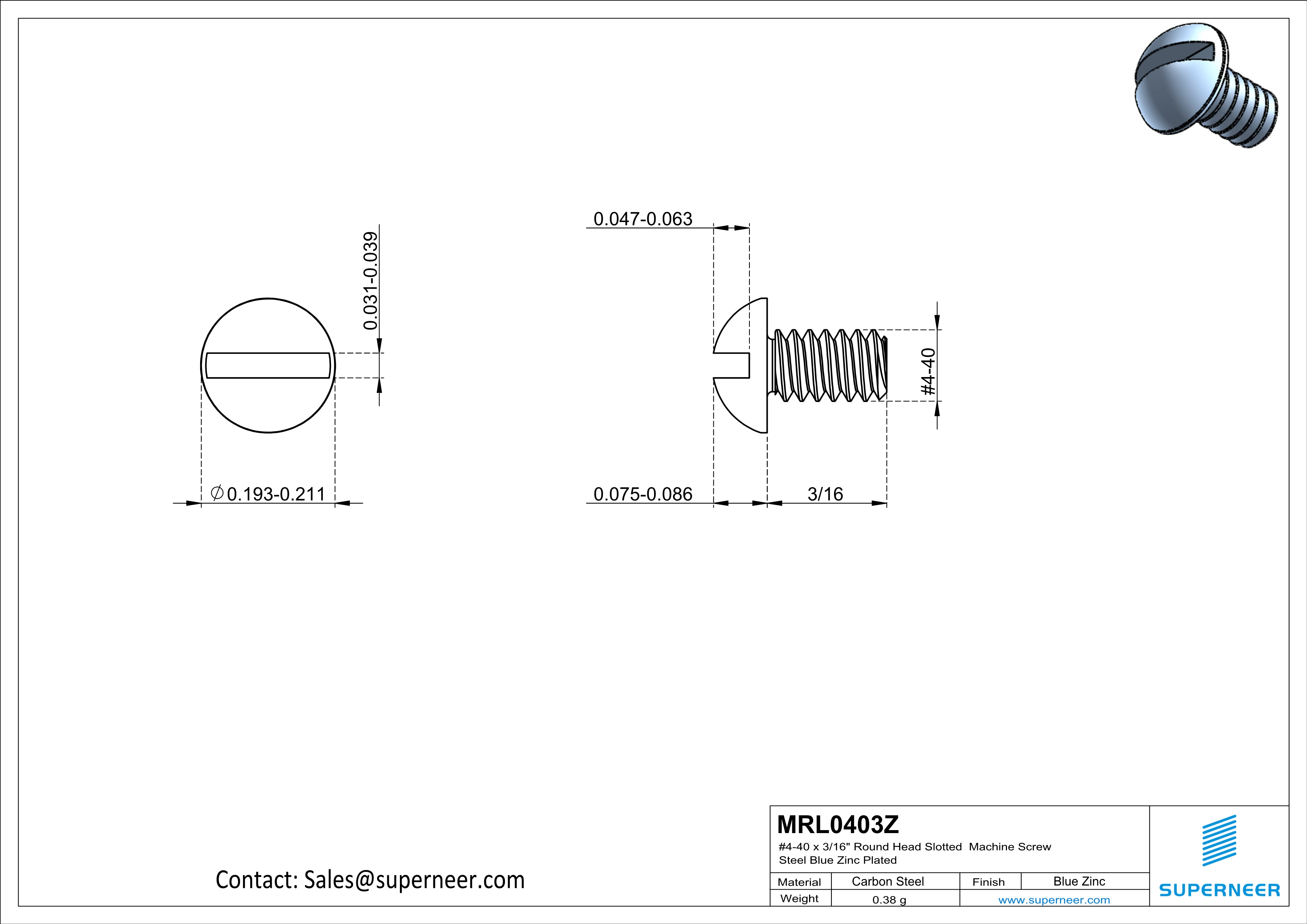 4-40 x 3/16" Round Head Slotted Machine Screw Steel Blue Zinc Plated