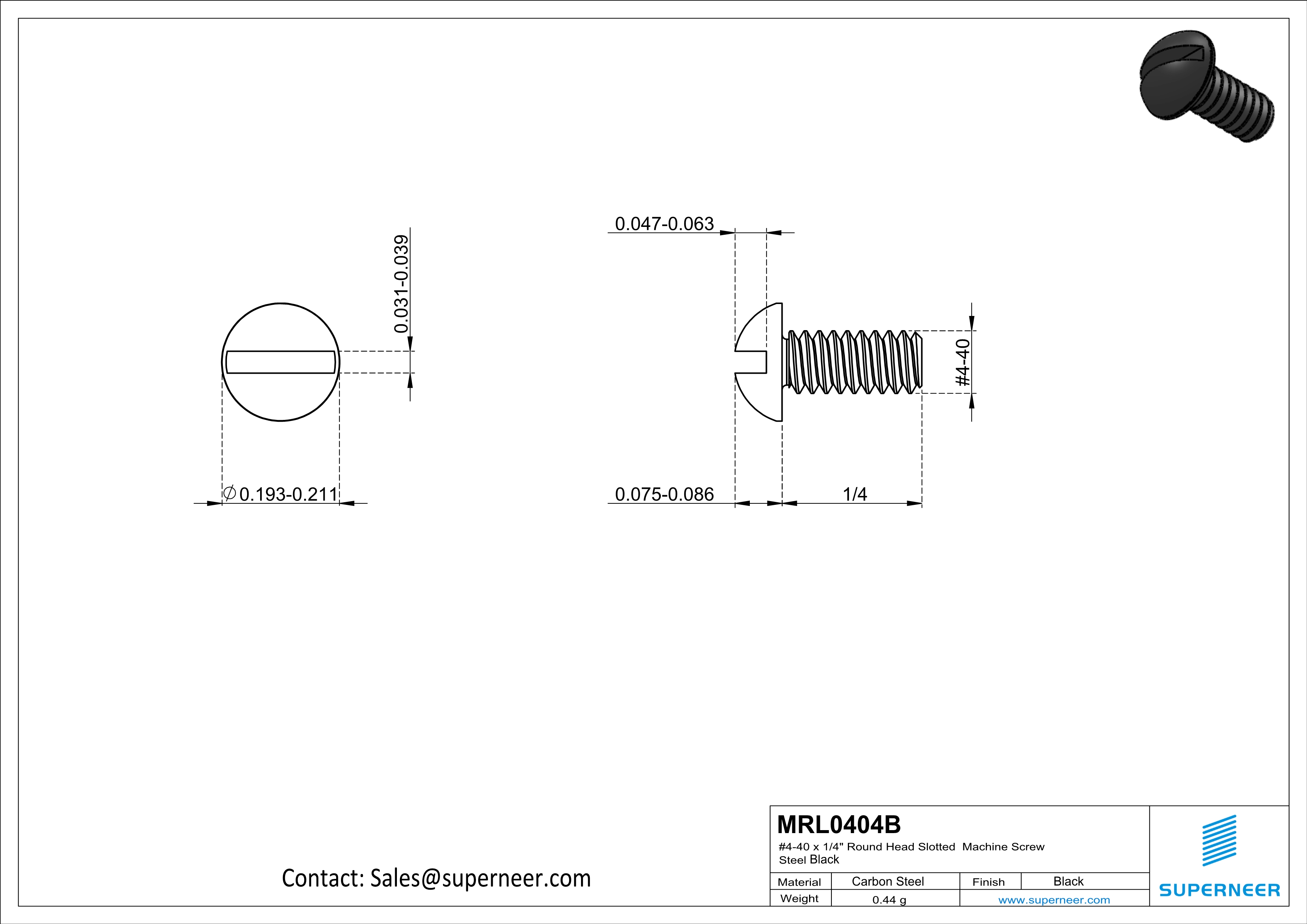 4-40 x 1/4" Round Head Slotted Machine Screw Steel Black