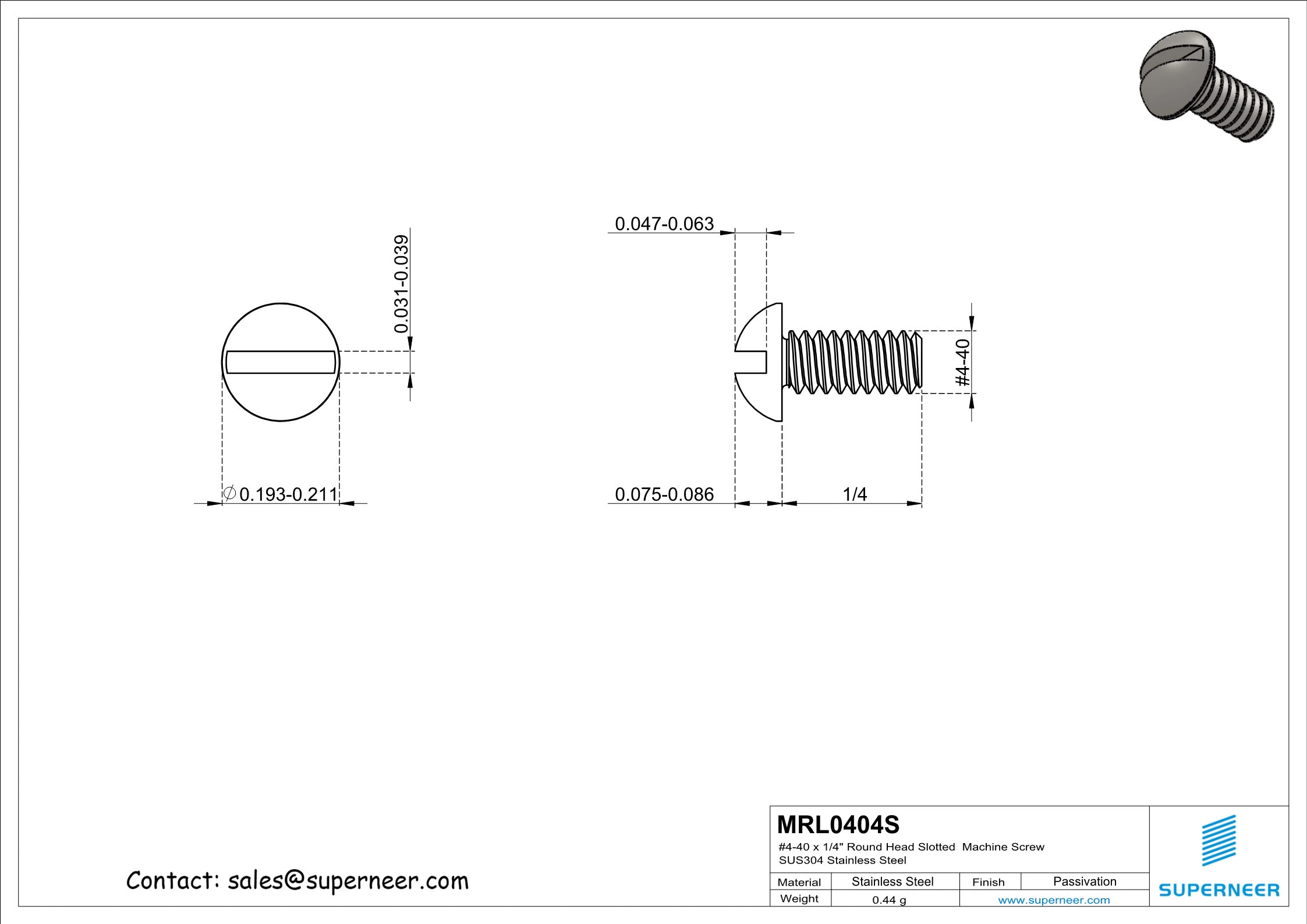 4-40 x 1/4" Round Head Slotted  Machine Screw SUS304 Stainless Steel Inox