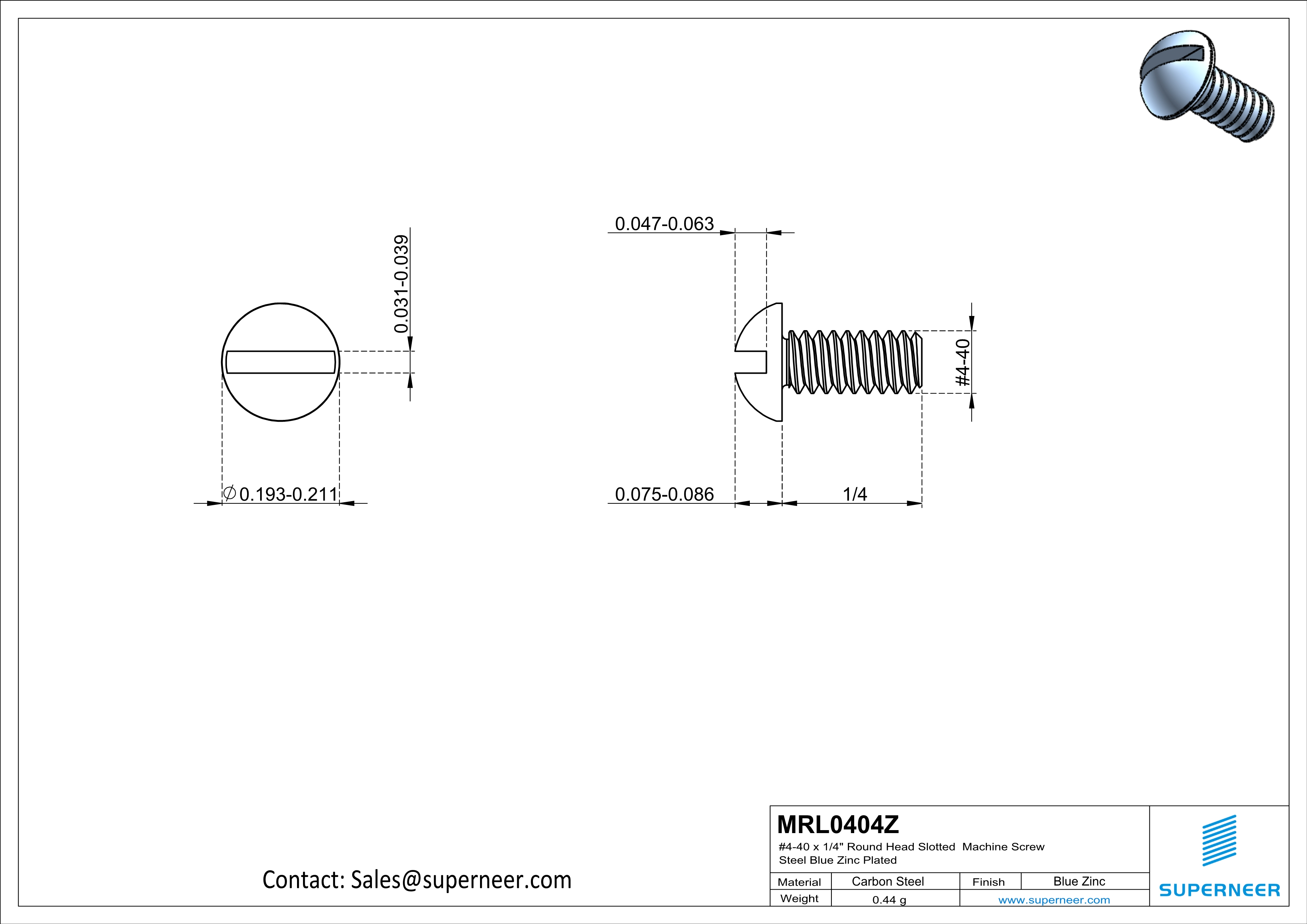 4-40 x 1/4" Round Head Slotted Machine Screw Steel Blue Zinc Plated