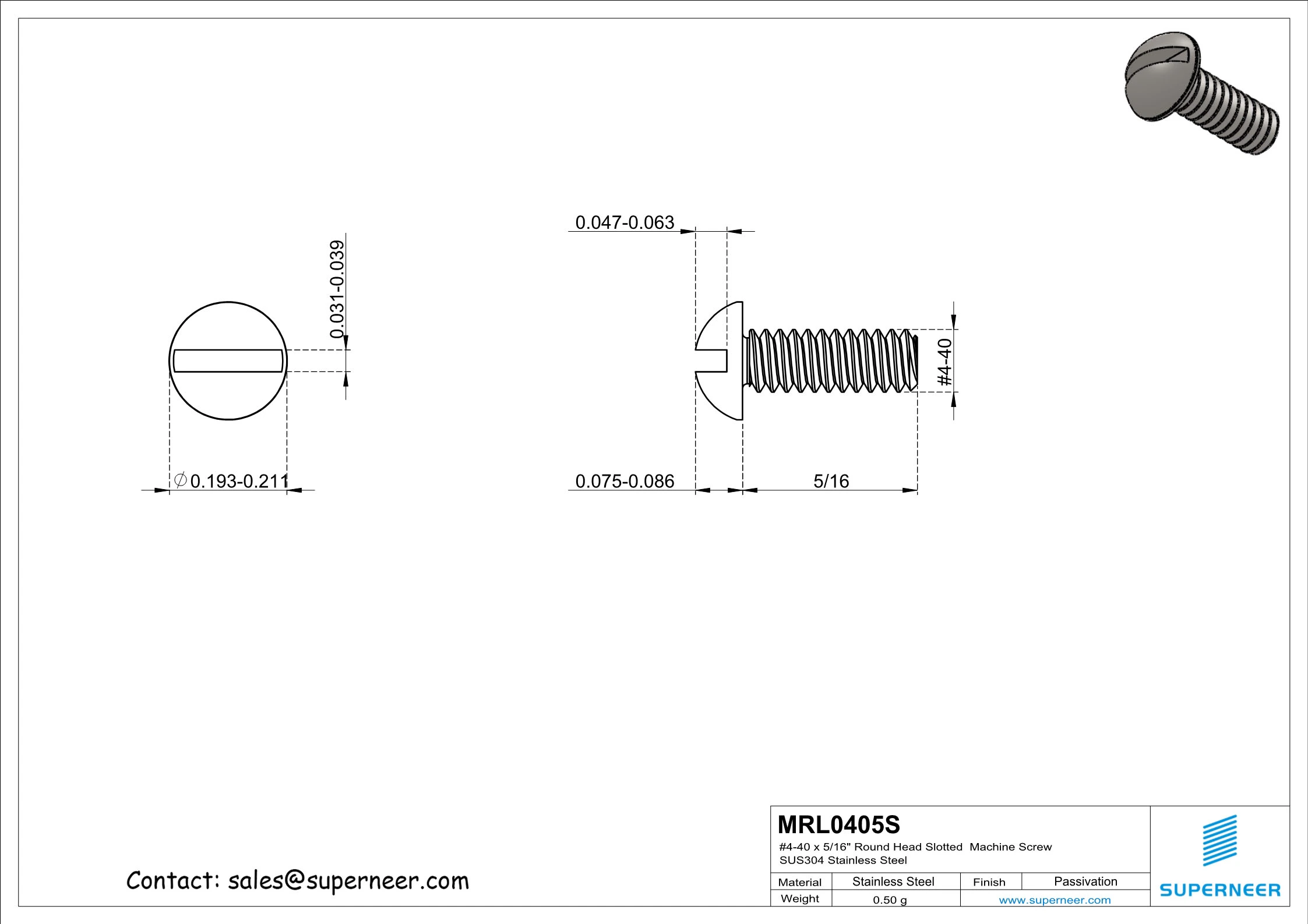 4-40 x 5/16" Round Head Slotted  Machine Screw SUS304 Stainless Steel Inox