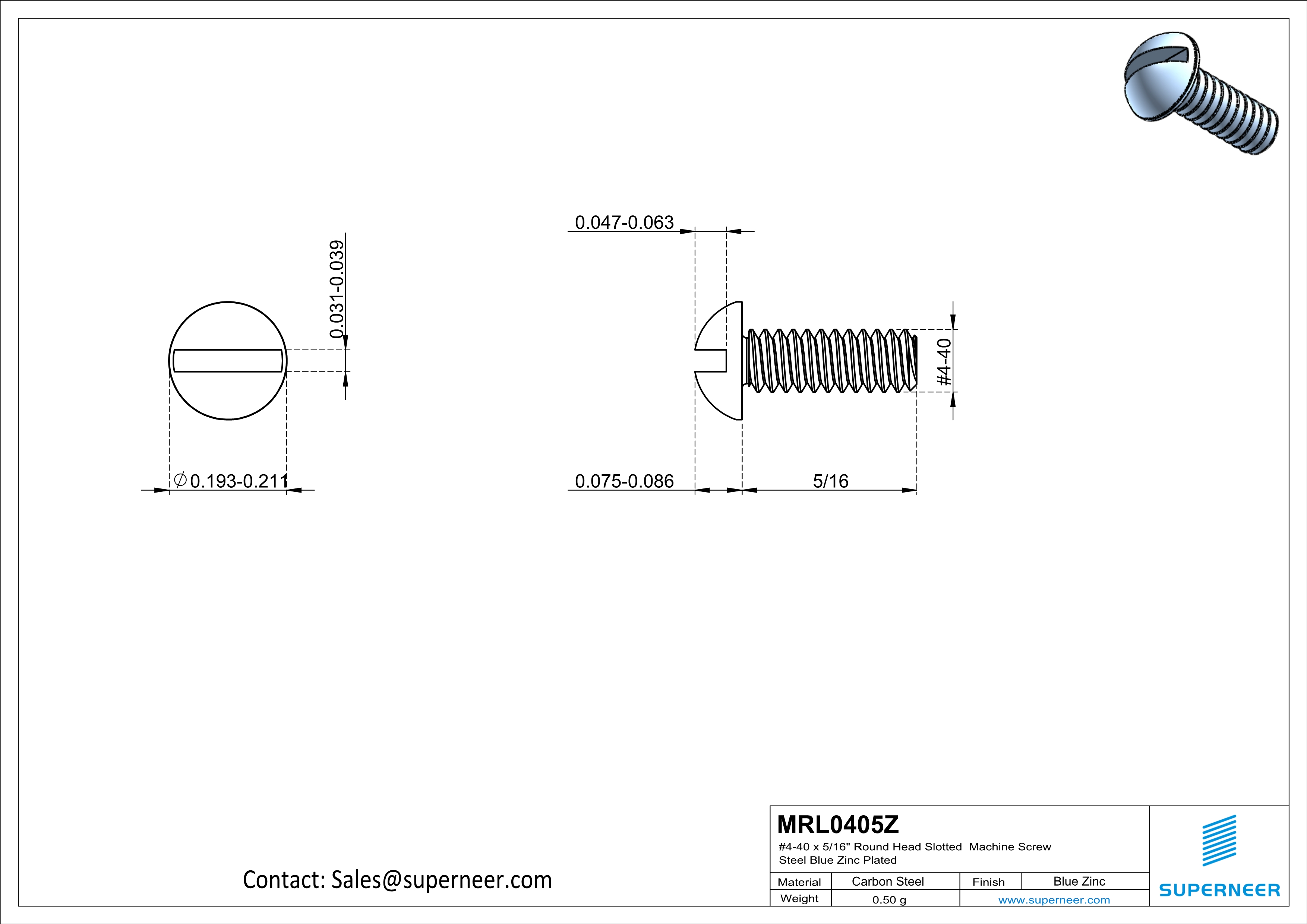 4-40 x 5/16" Round Head Slotted Machine Screw Steel Blue Zinc Plated