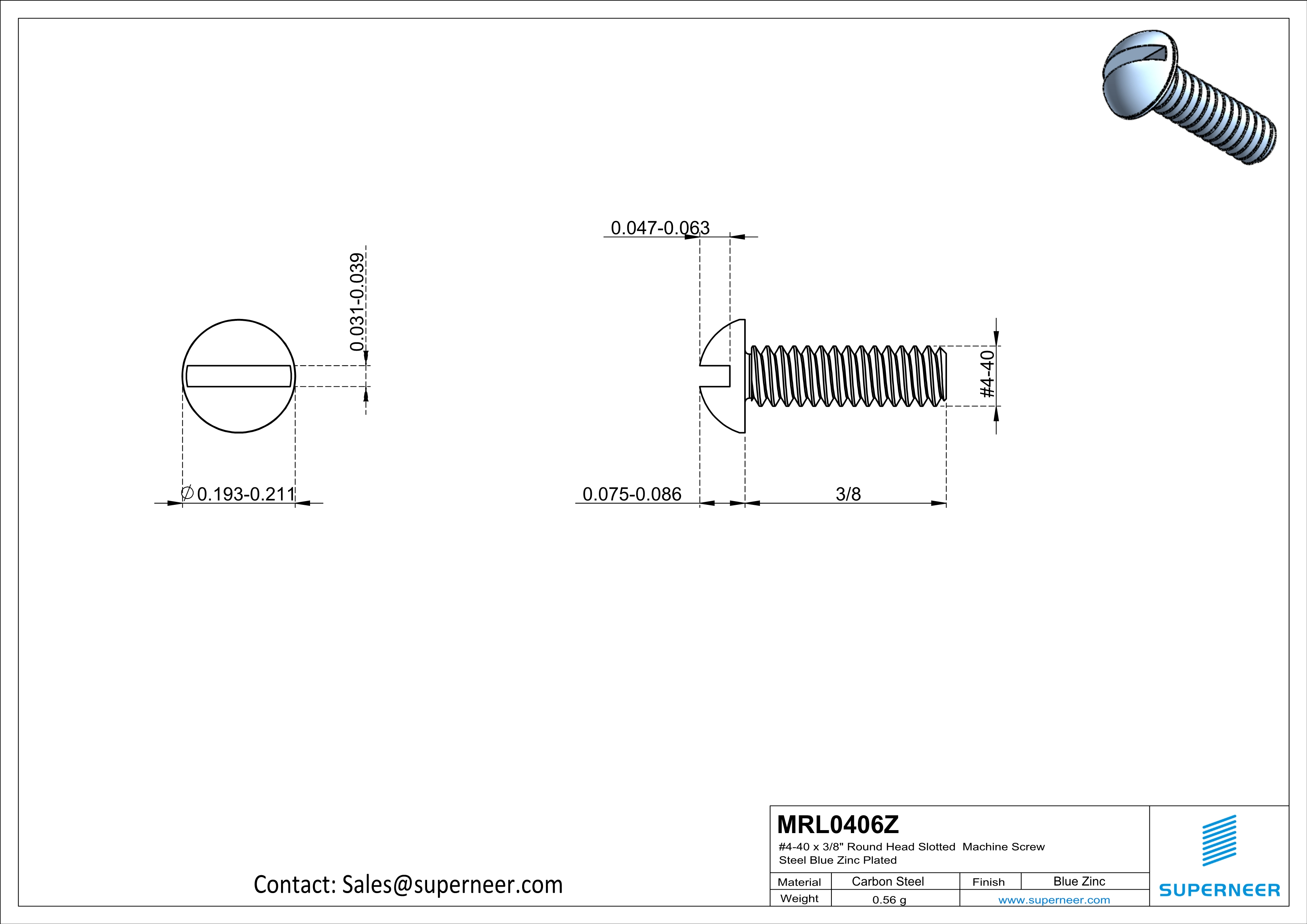 4-40 x 3/8" Round Head Slotted Machine Screw Steel Blue Zinc Plated