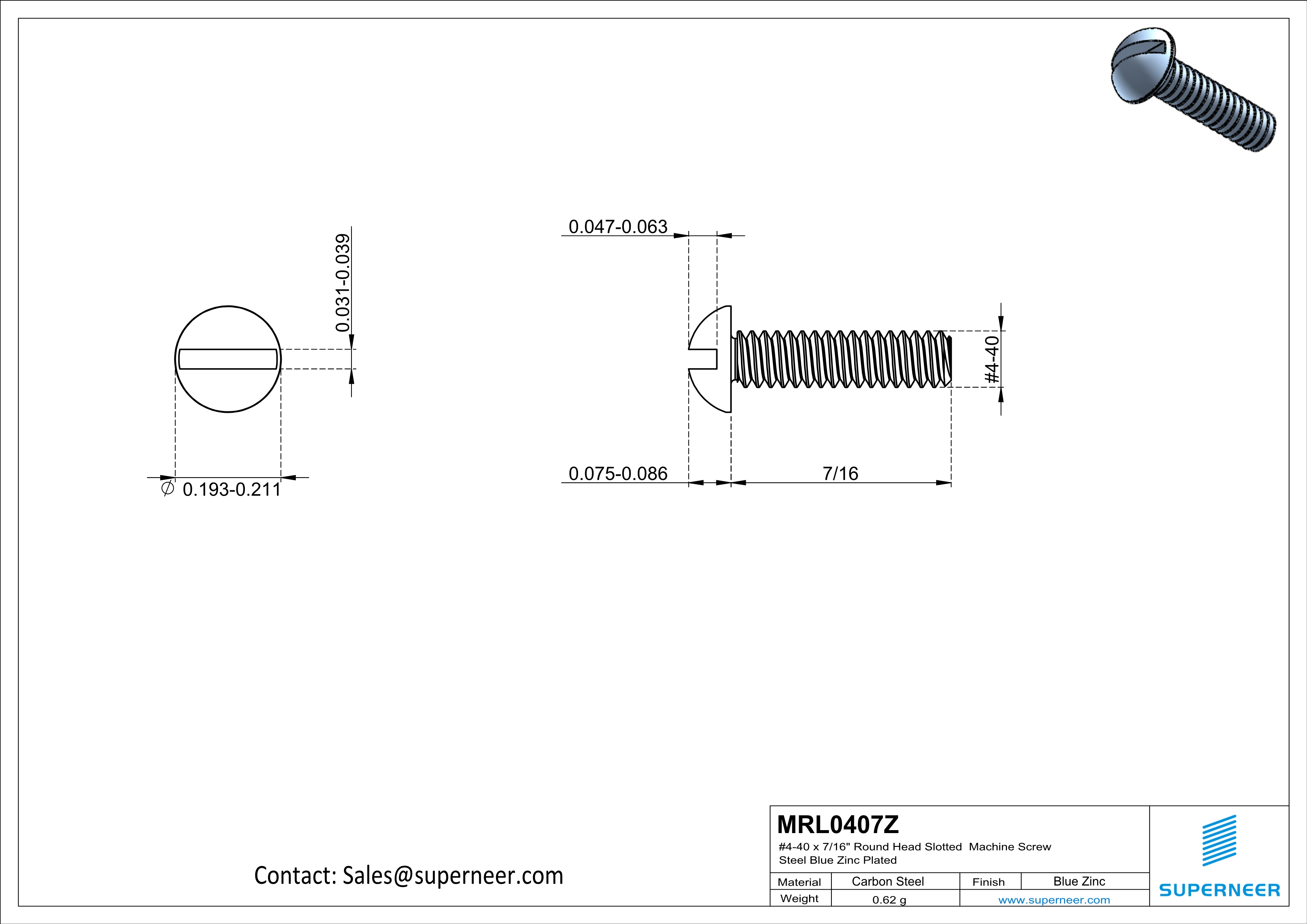 4-40 x 7/16" Round Head Slotted Machine Screw Steel Blue Zinc Plated