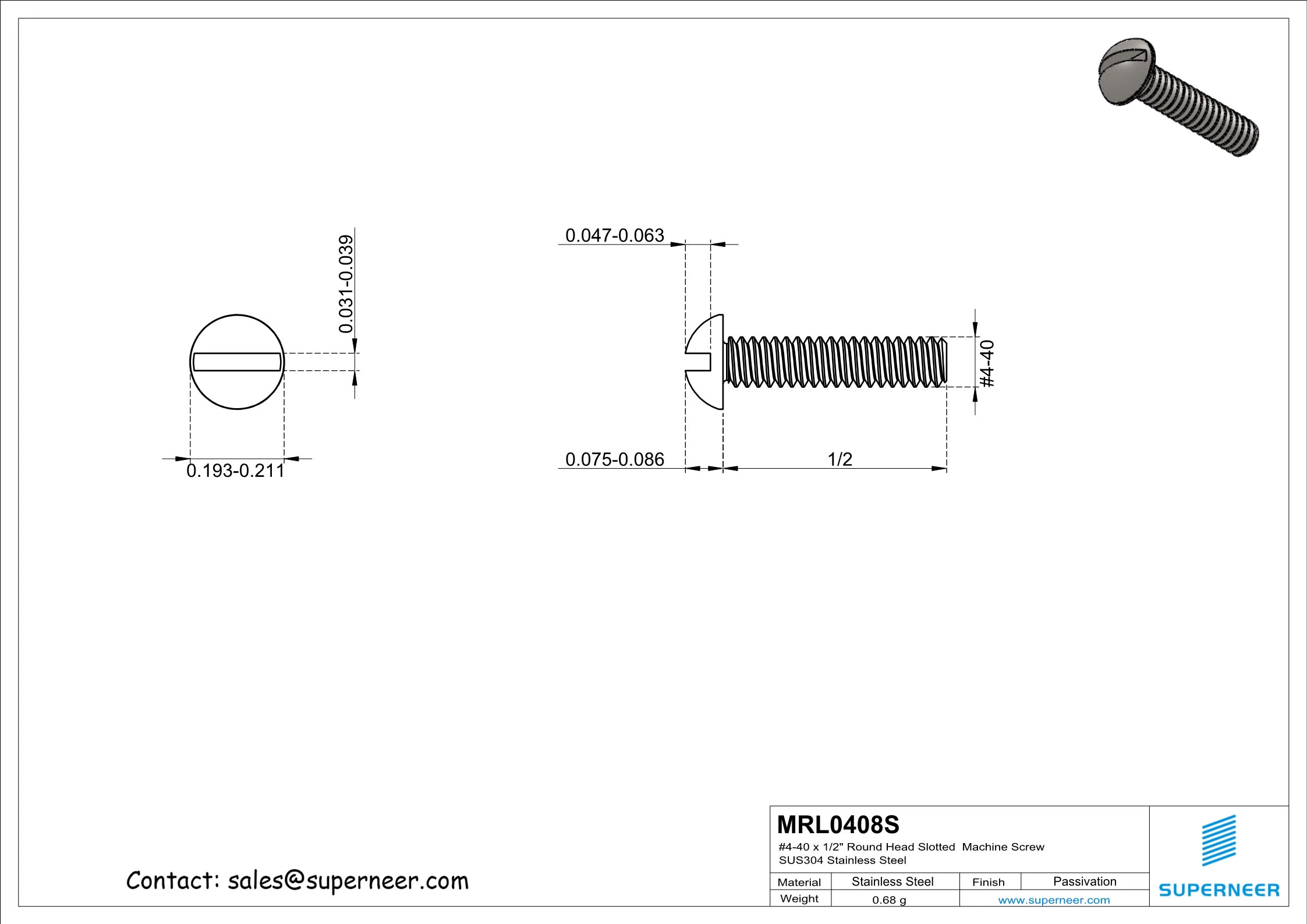 4-40 x 1/2" Round Head Slotted  Machine Screw SUS304 Stainless Steel Inox