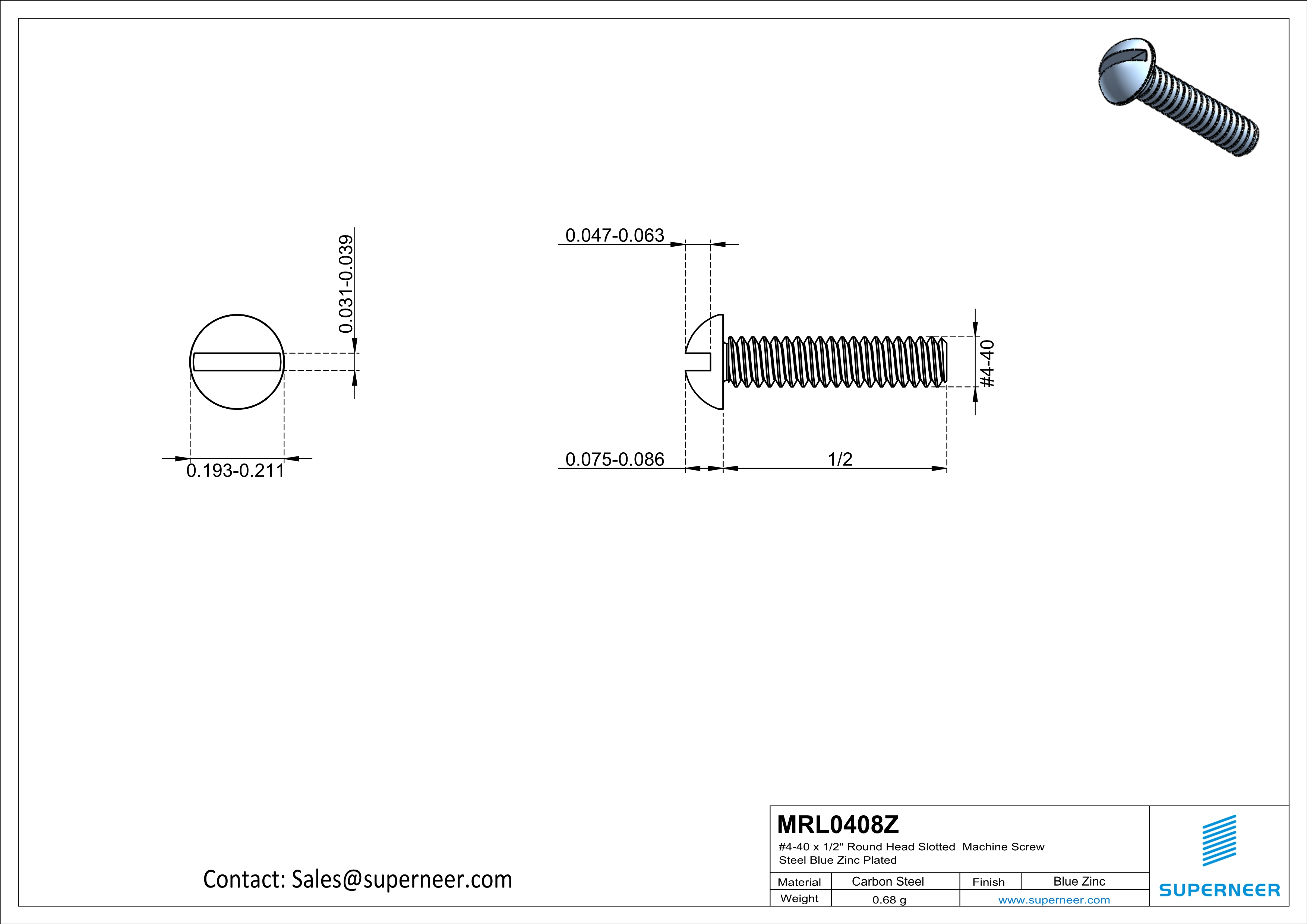 4-40 x 1/2" Round Head Slotted Machine Screw Steel Blue Zinc Plated