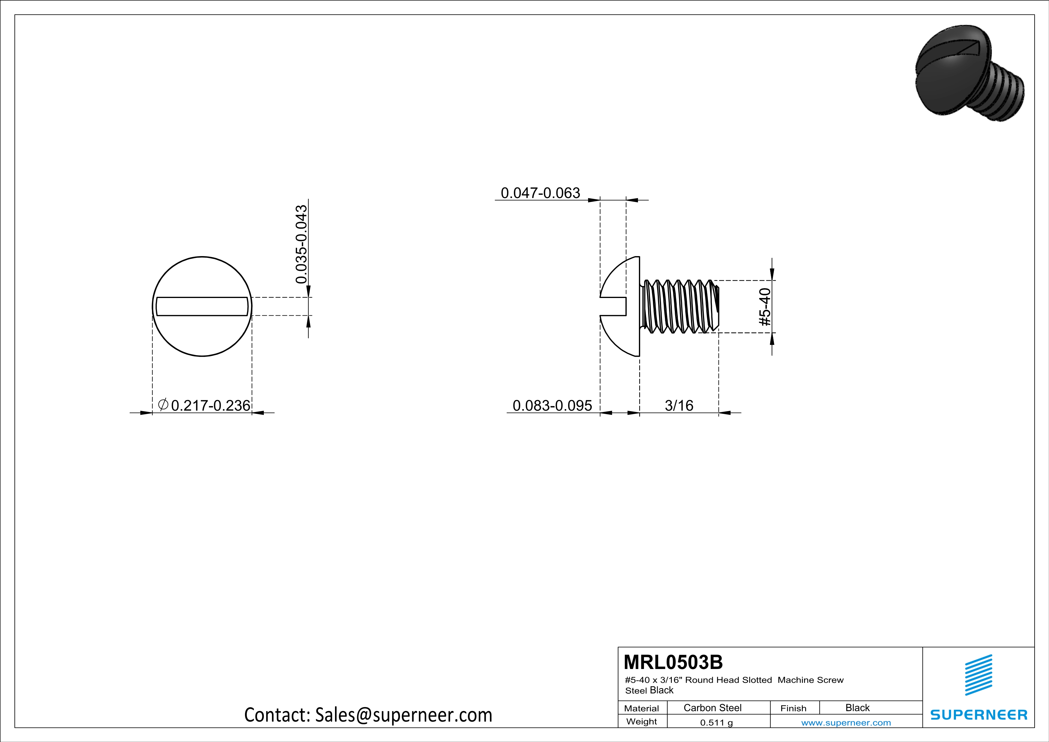 5-40 x 3/16" Round Head Slotted Machine Screw Steel Black