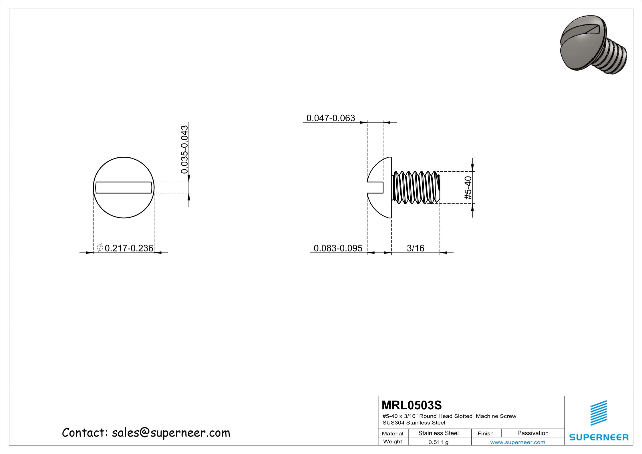 5-40 x 3/16" Round Head Slotted  Machine Screw SUS304 Stainless Steel Inox