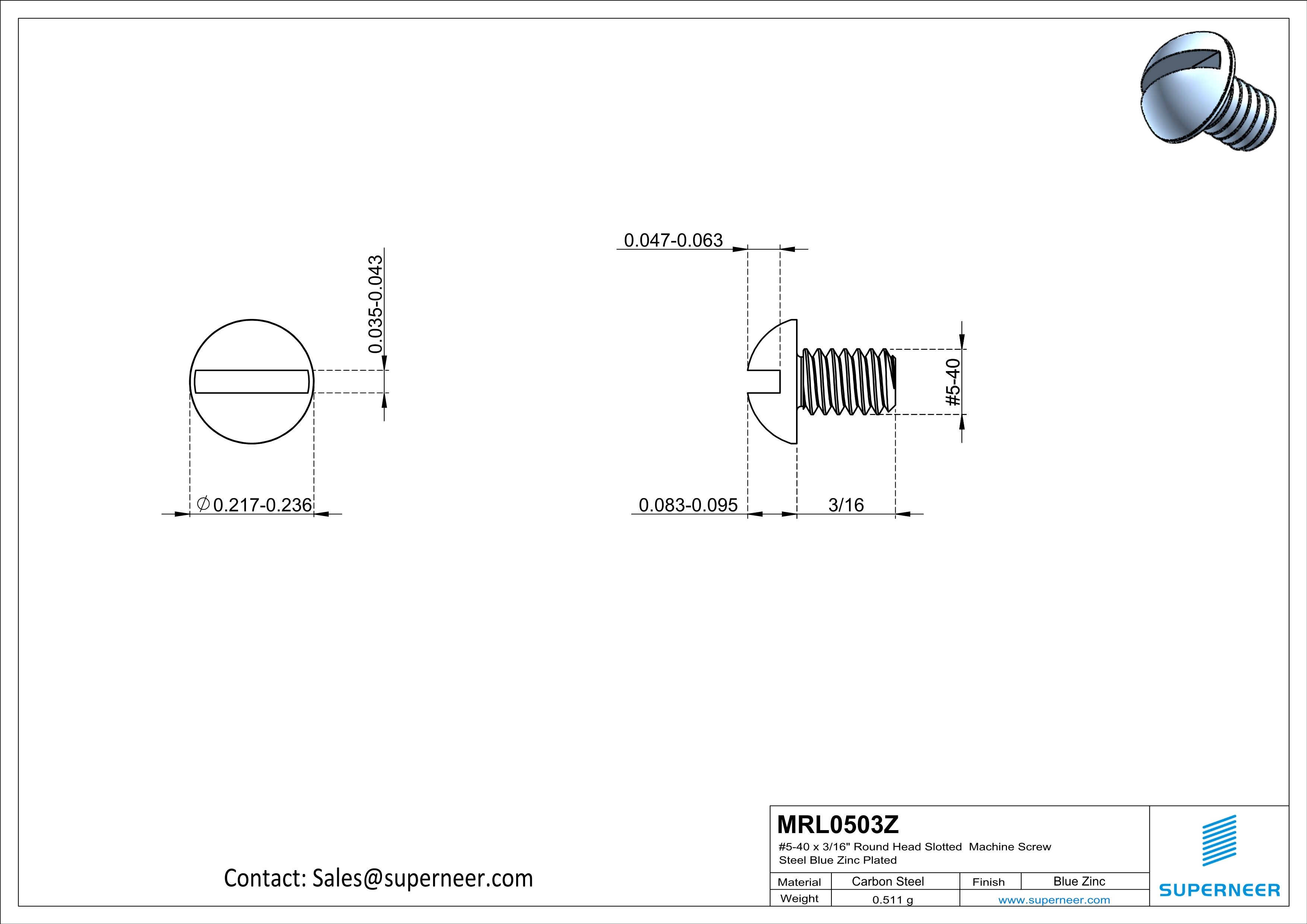 5-40 x 3/16" Round Head Slotted Machine Screw Steel Blue Zinc Plated