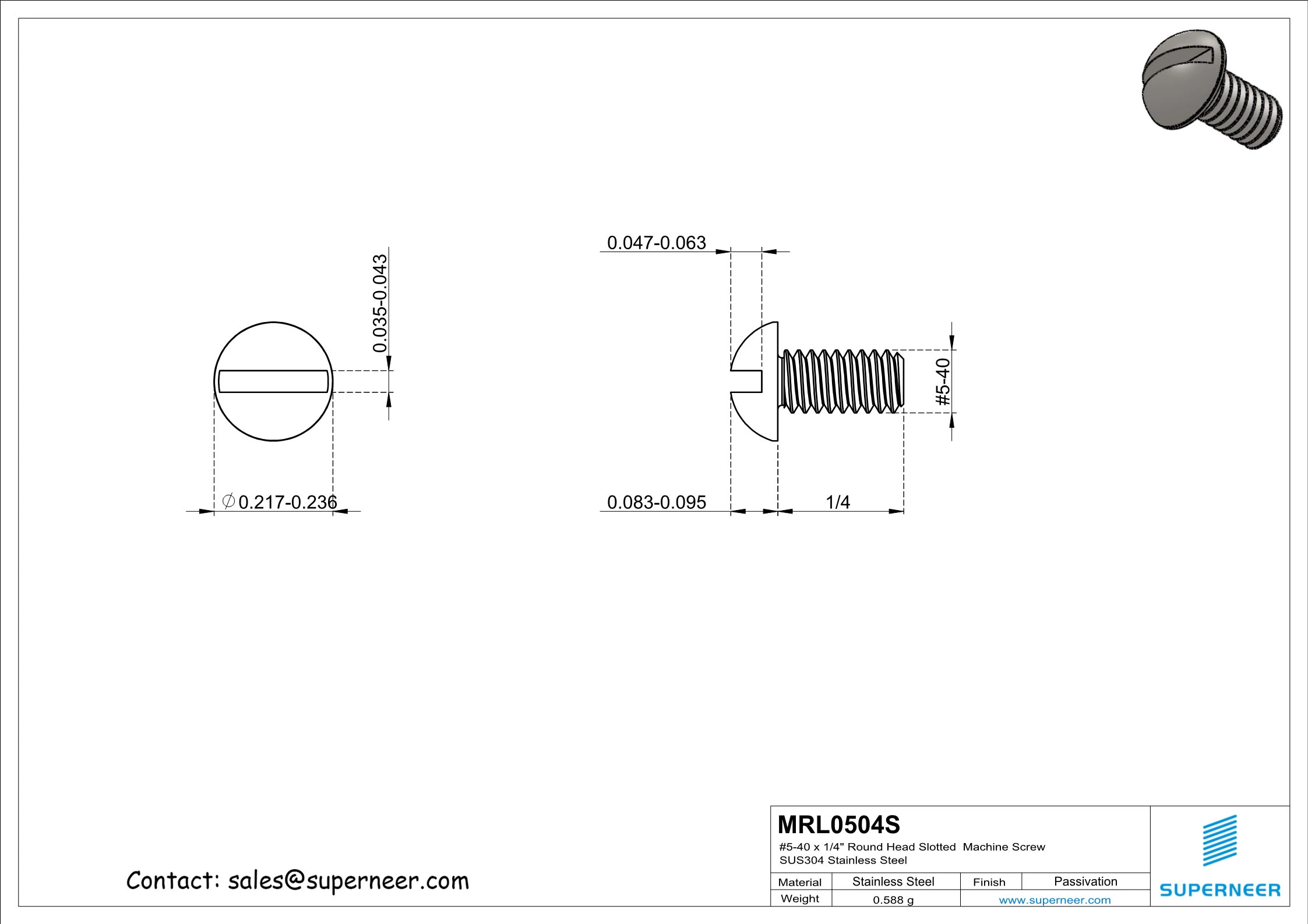 5-40 x 1/4" Round Head Slotted  Machine Screw SUS304 Stainless Steel Inox