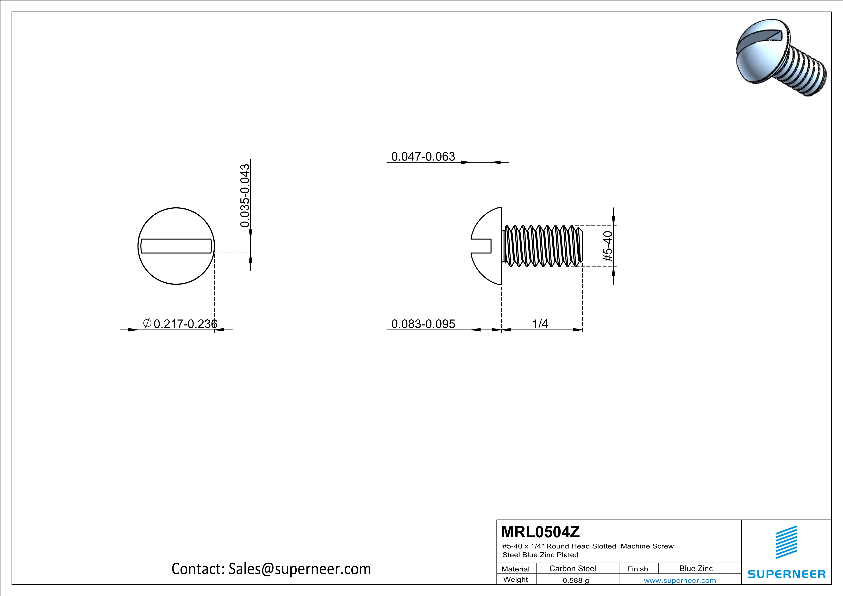 5-40 x 1/4" Round Head Slotted Machine Screw Steel Blue Zinc Plated