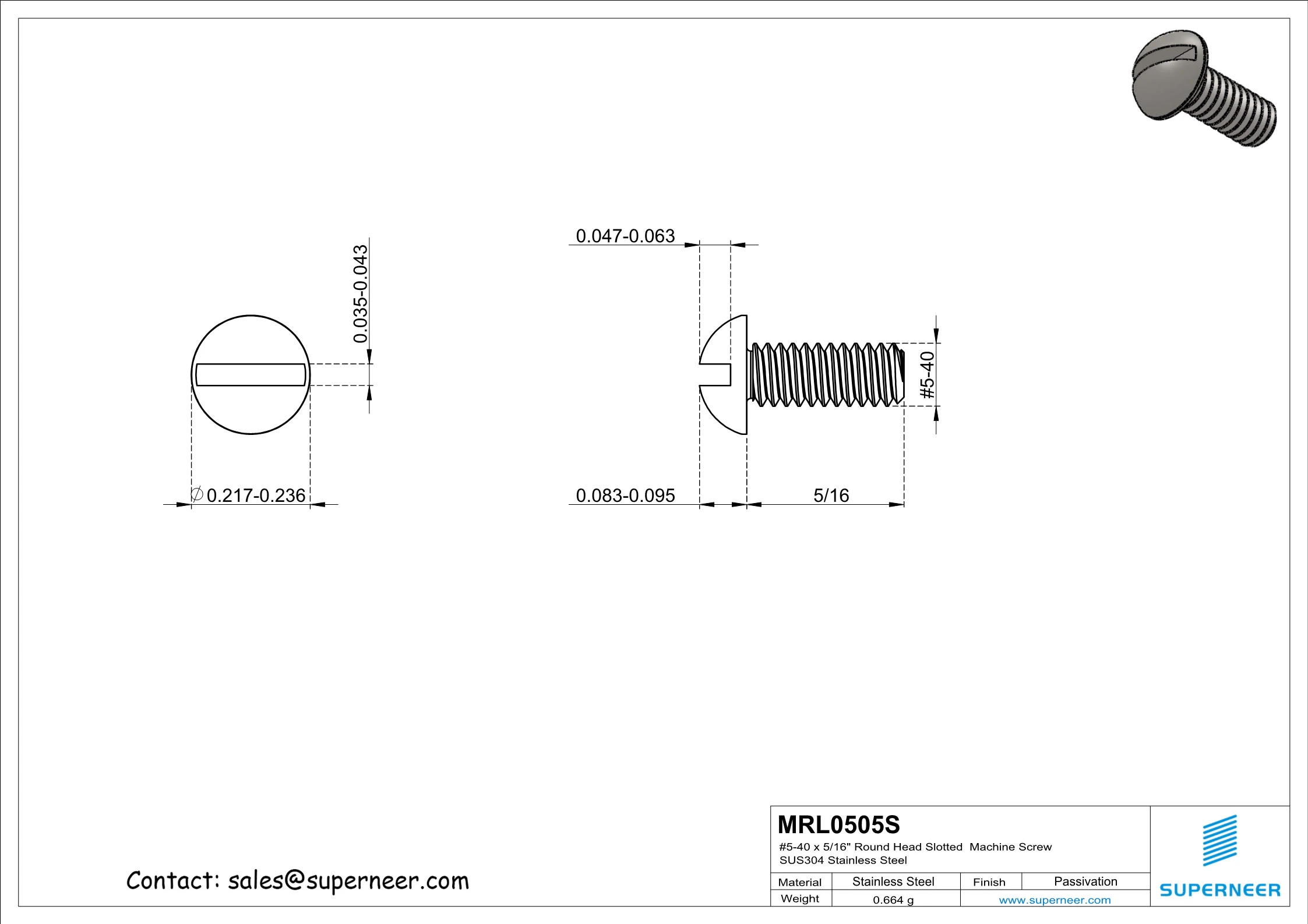 5-40 x 5/16" Round Head Slotted  Machine Screw SUS304 Stainless Steel Inox