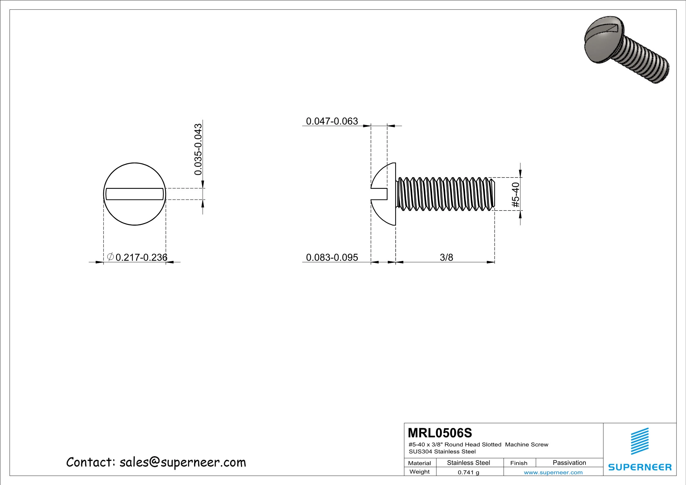 5-40 x 3/8" Round Head Slotted  Machine Screw SUS304 Stainless Steel Inox