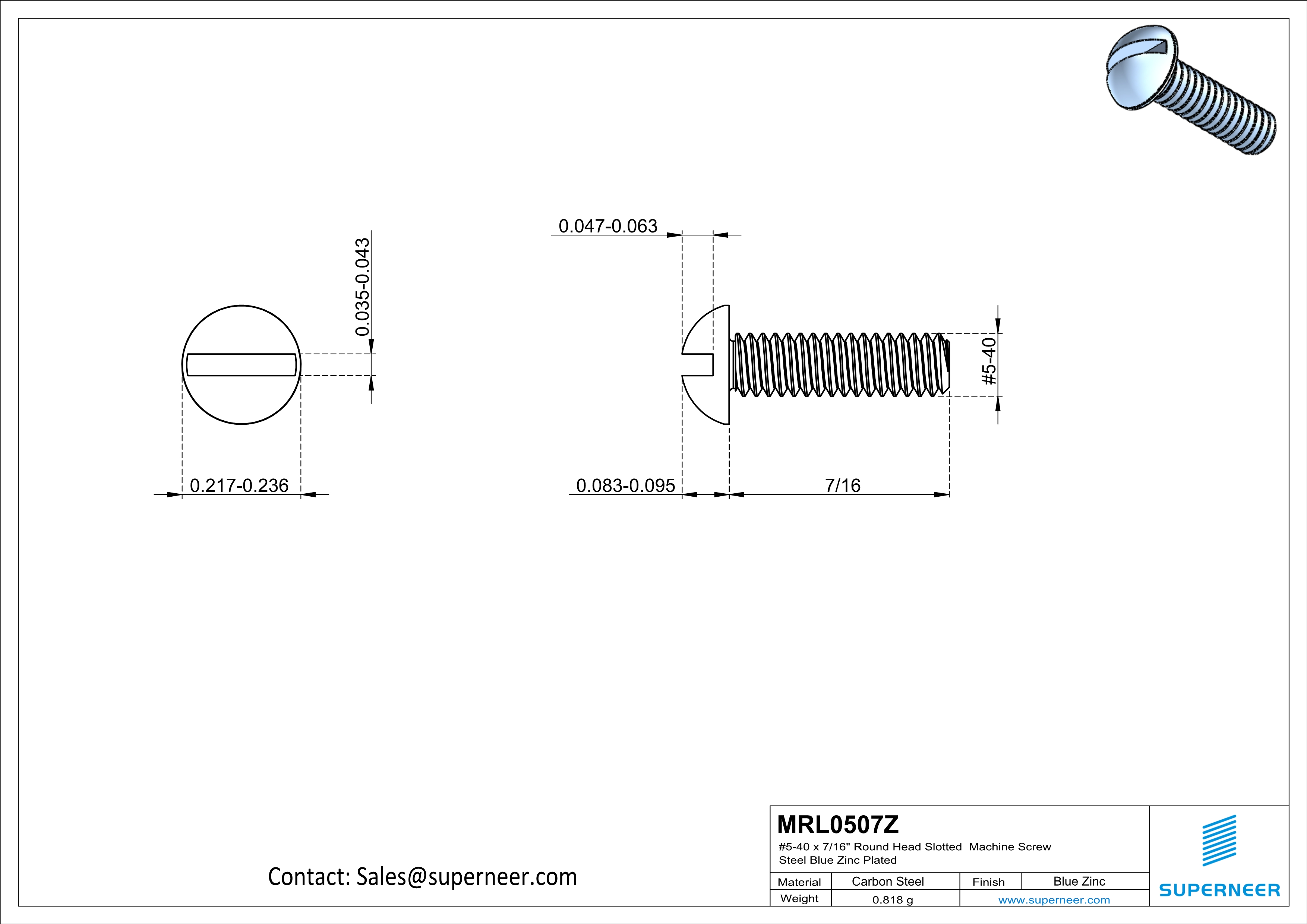 5-40 x 7/16" Round Head Slotted Machine Screw Steel Blue Zinc Plated