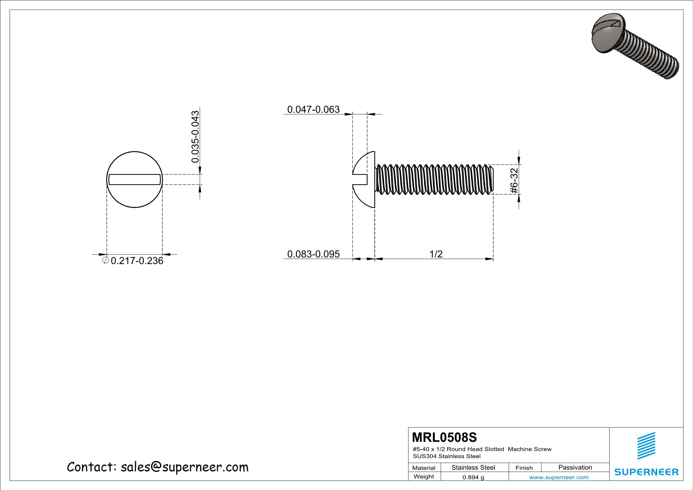 5-40 x  1/2" Round Head Slotted  Machine Screw SUS304 Stainless Steel Inox