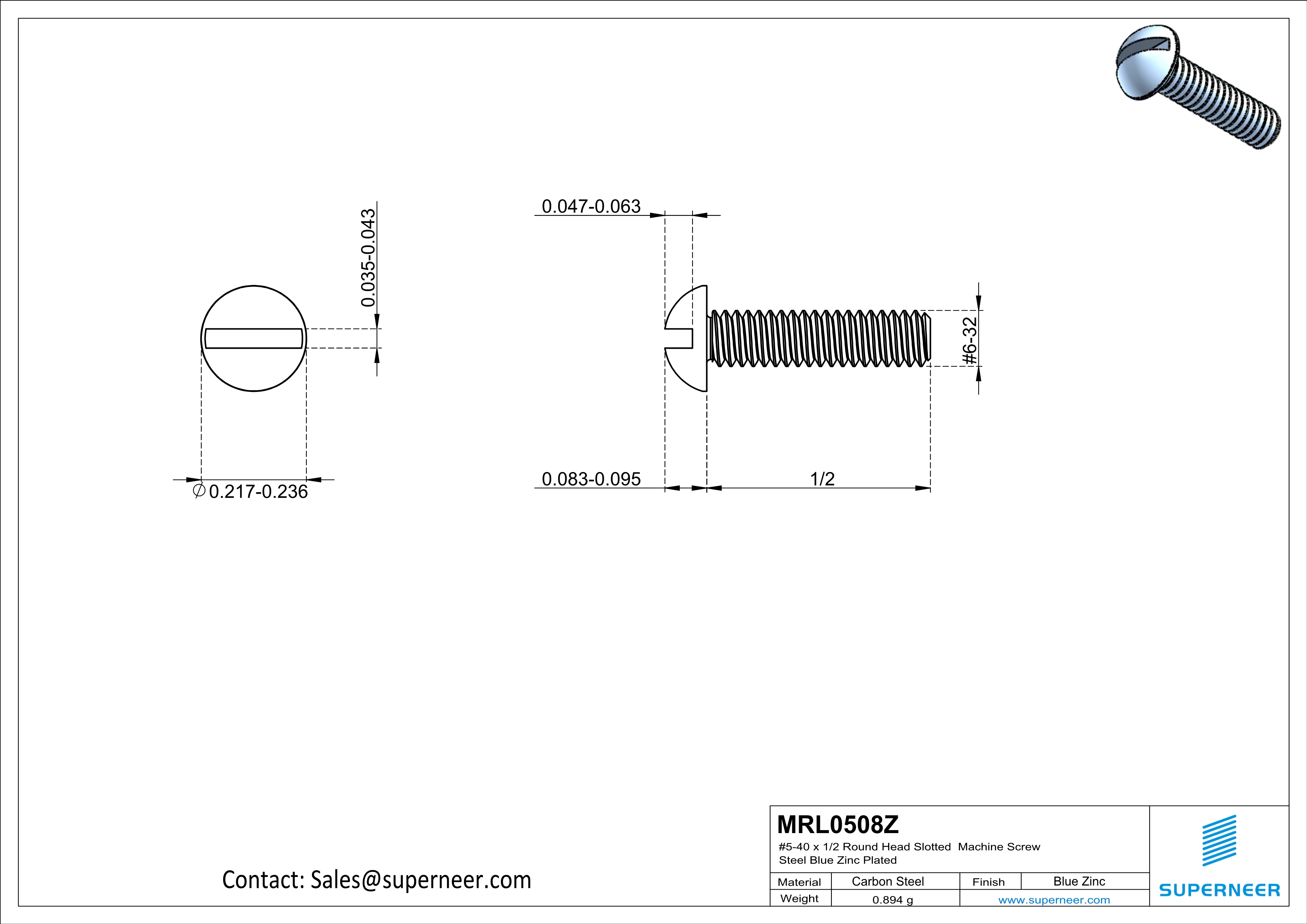 5-40 x 1/2" Round Head Slotted Machine Screw Steel Blue Zinc Plated