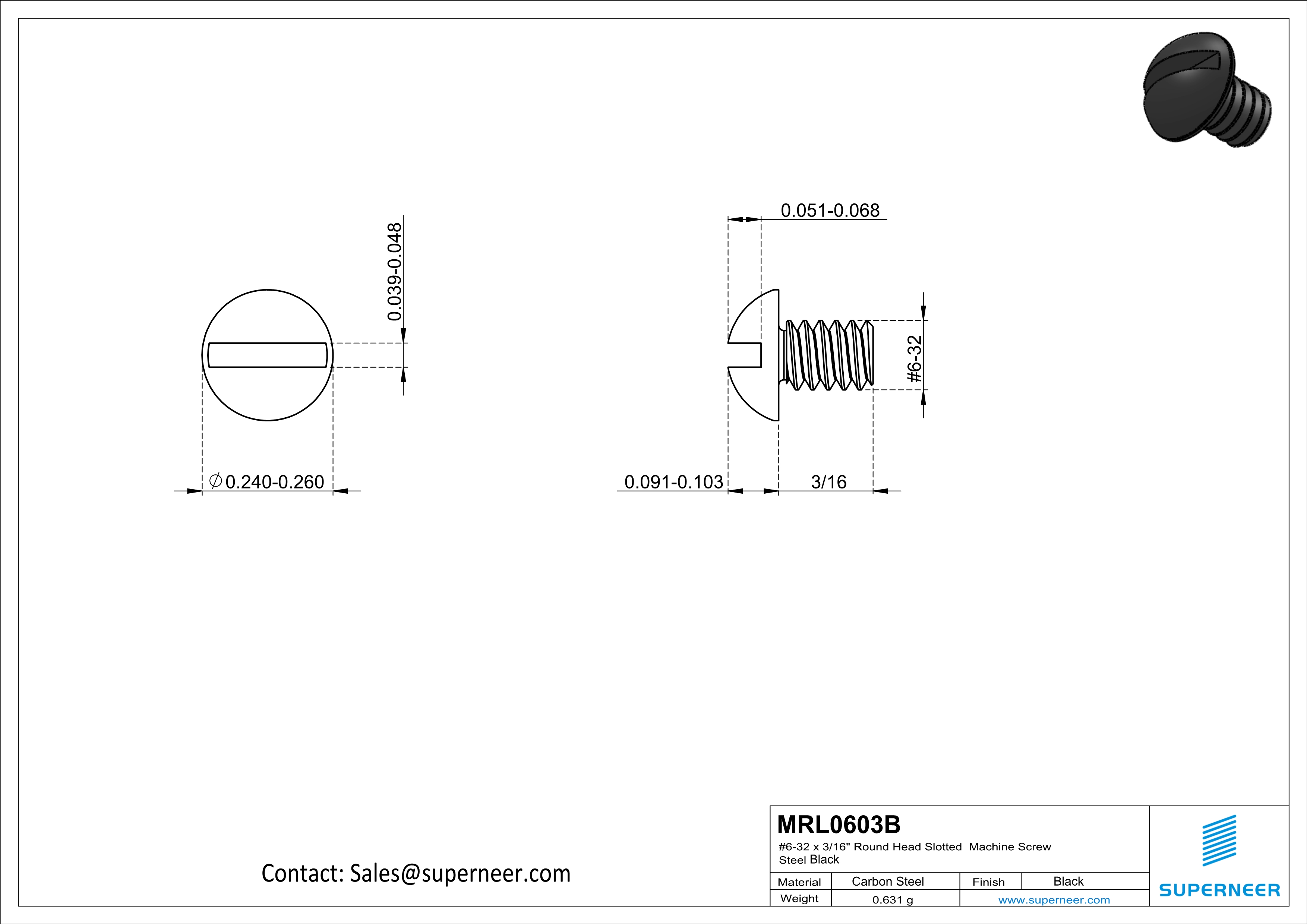 6-32 x 3/16" Round Head Slotted Machine Screw Steel Black