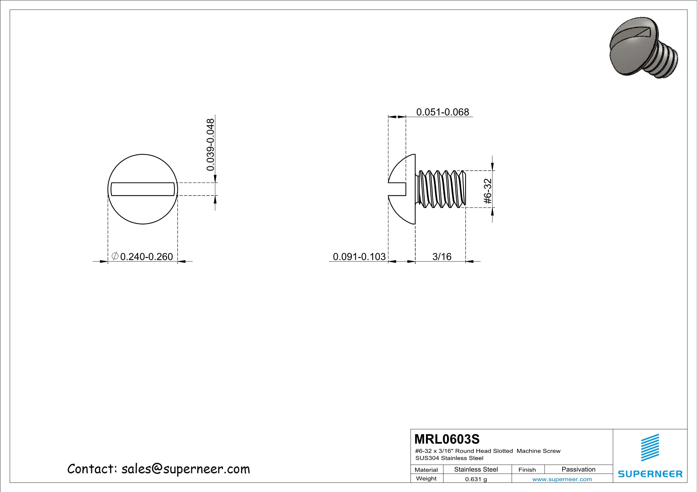 6-32 x 3/16" Round Head Slotted  Machine Screw SUS304 Stainless Steel Inox