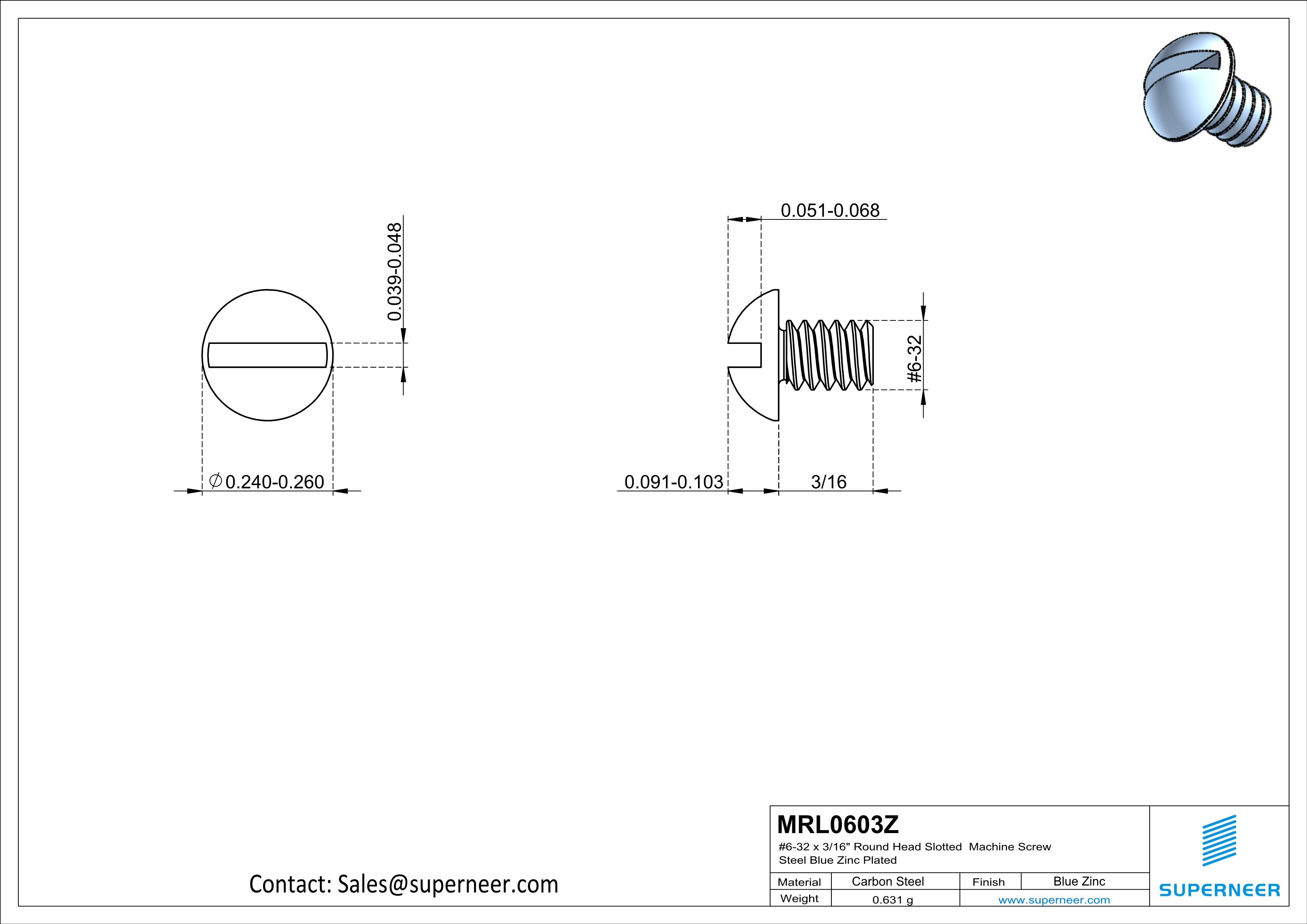 6-32 x 3/16" Round Head Slotted Machine Screw Steel Blue Zinc Plated