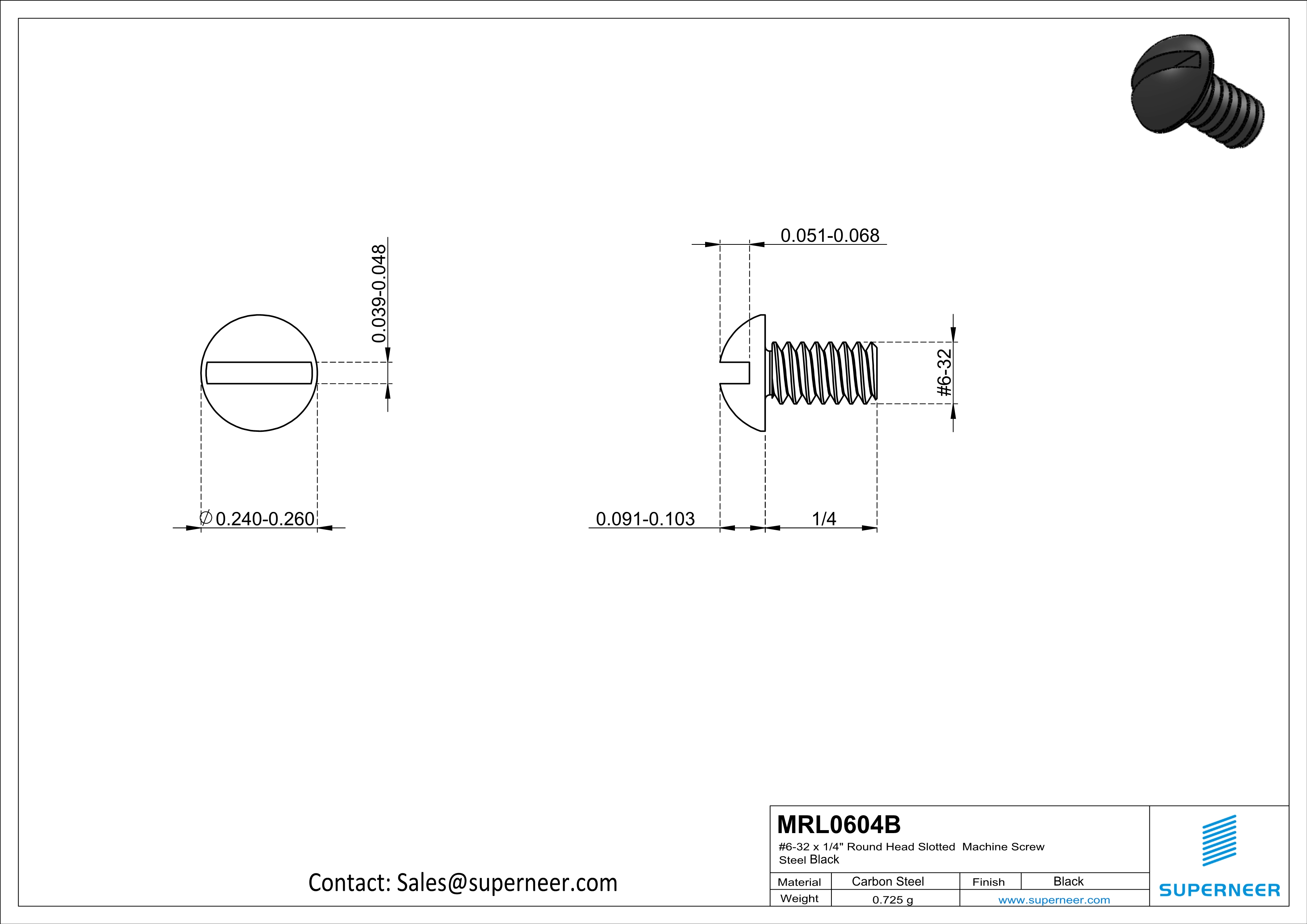 6-32 x 1/4" Round Head Slotted Machine Screw Steel Black