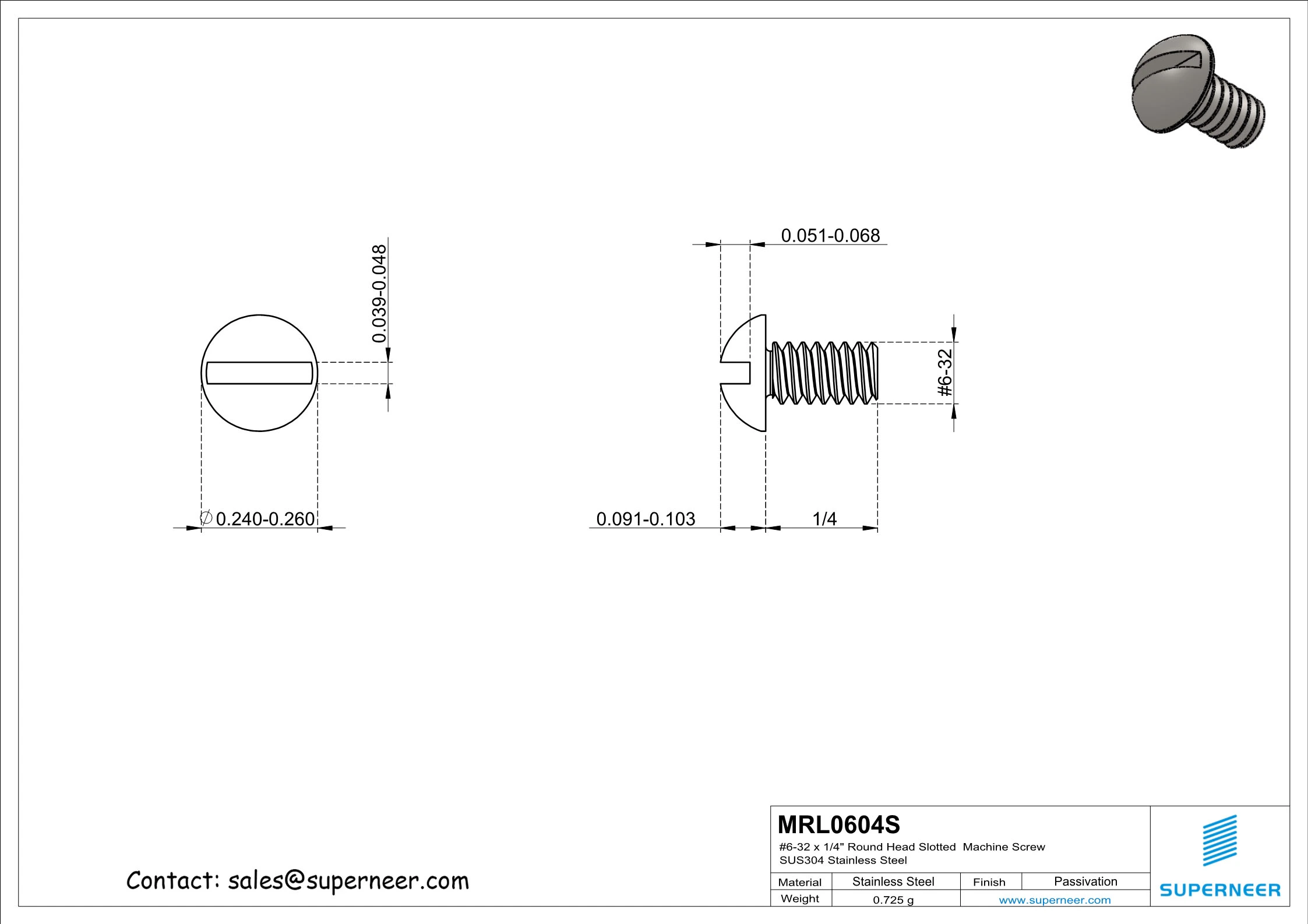 6-32 x 1/4" Round Head Slotted  Machine Screw SUS304 Stainless Steel Inox