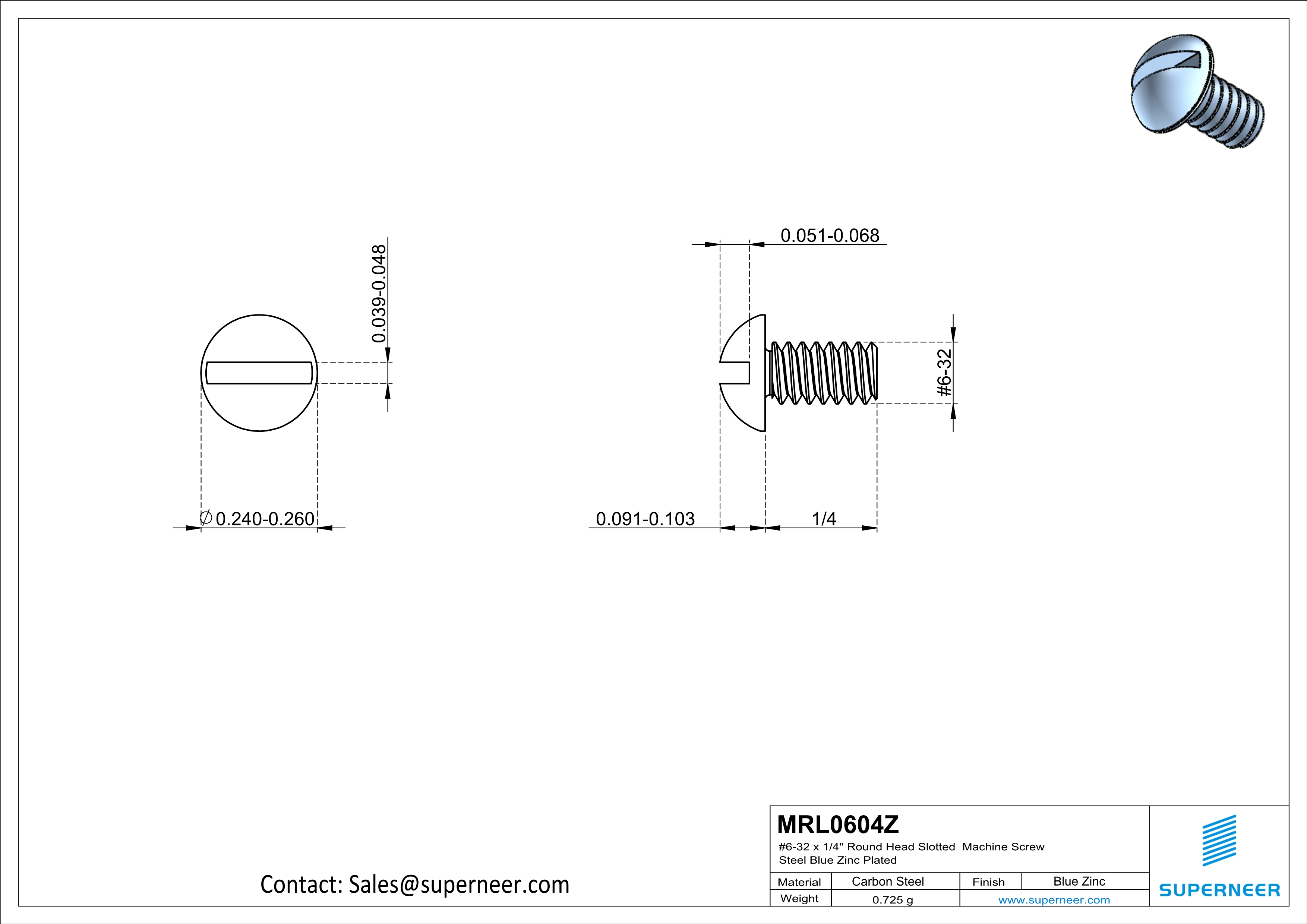 6-32 x 1/4" Round Head Slotted Machine Screw Steel Blue Zinc Plated