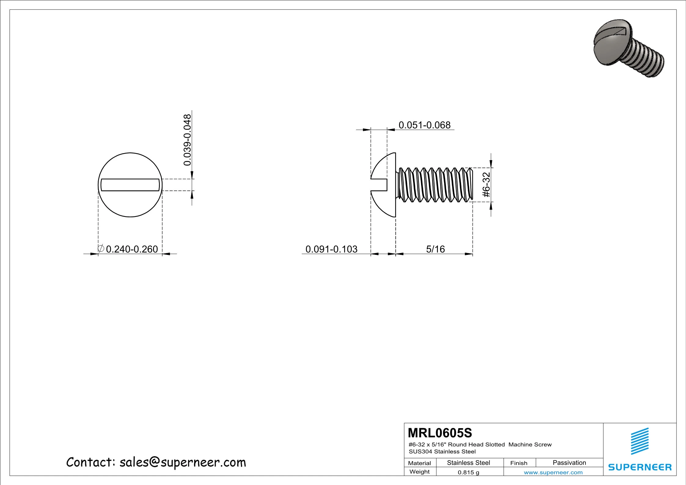 6-32 x 5/16" Round Head Slotted  Machine Screw SUS304 Stainless Steel Inox