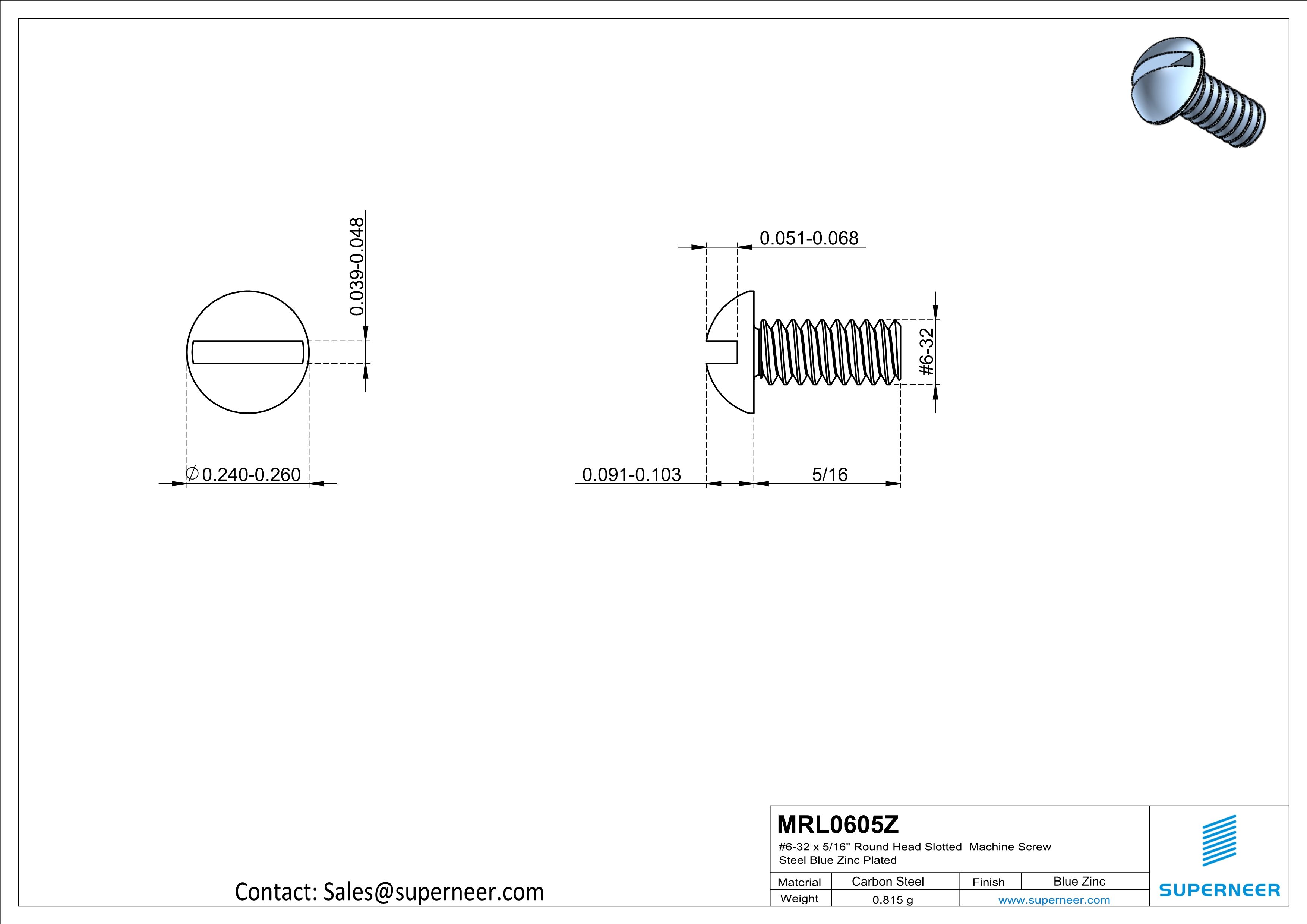 6-32 x 5/16" Round Head Slotted Machine Screw Steel Blue Zinc Plated