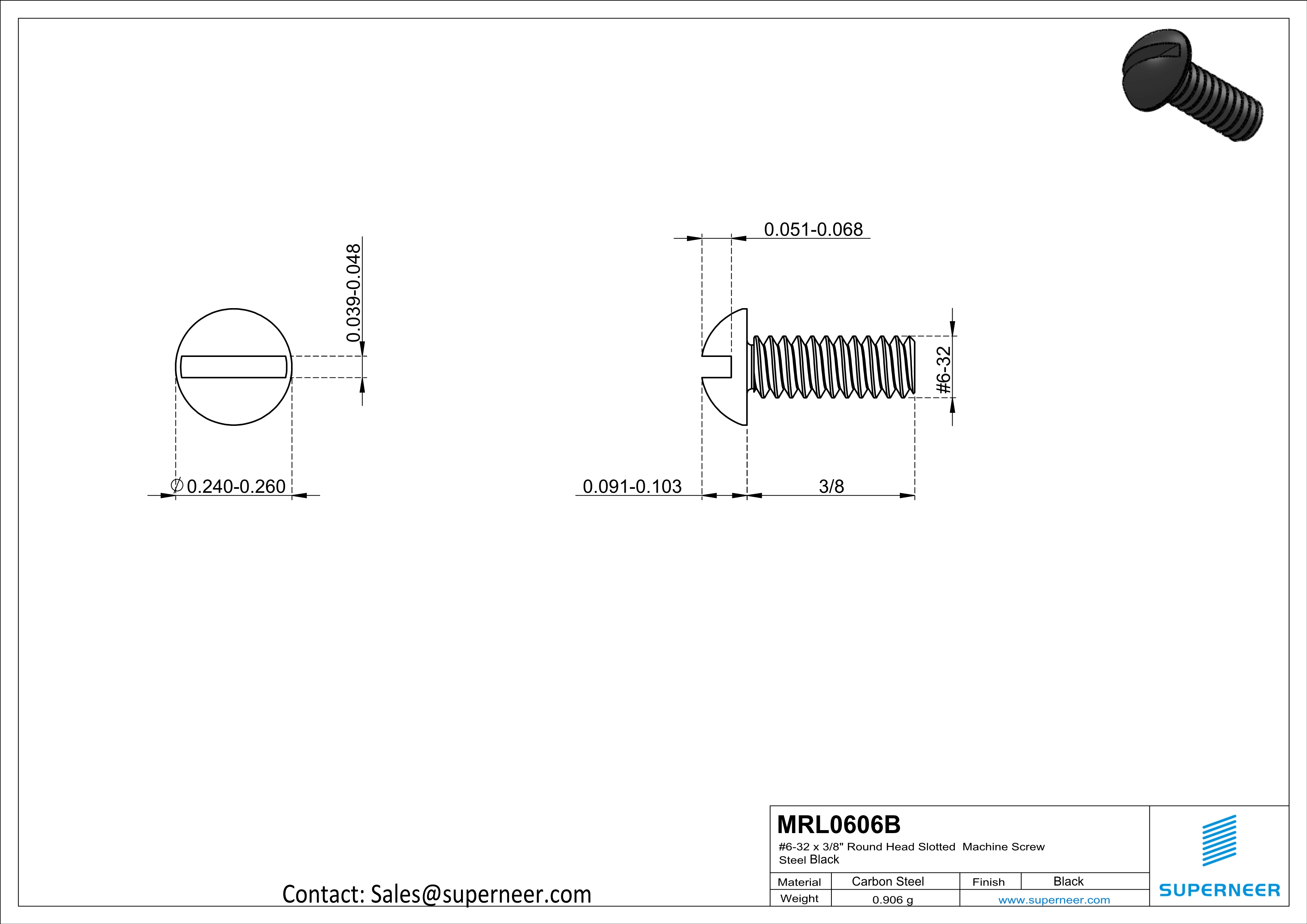 6-32 x 3/8" Round Head Slotted Machine Screw Steel Black