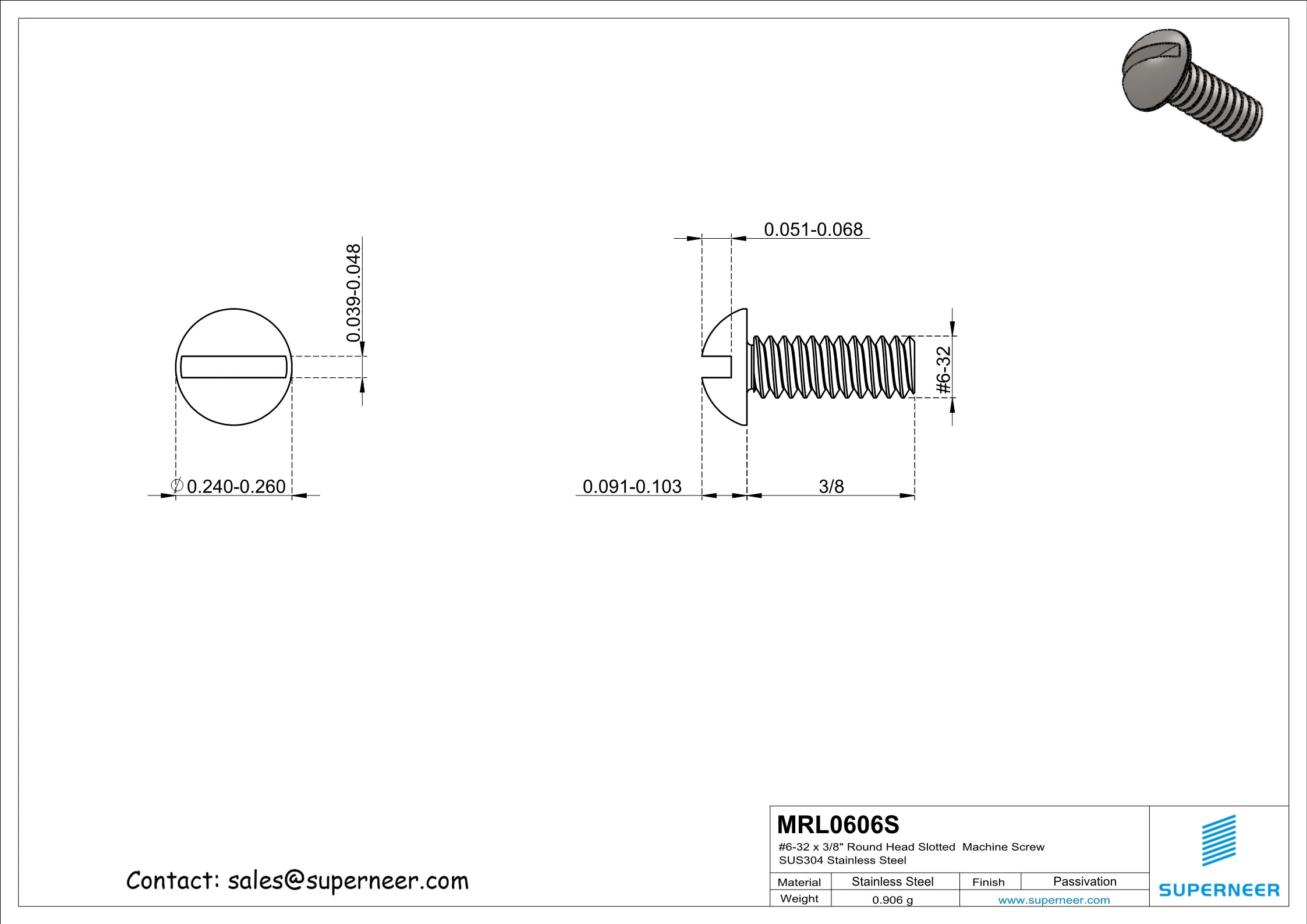 6-32 x 3/8" Round Head Slotted  Machine Screw SUS304 Stainless Steel Inox