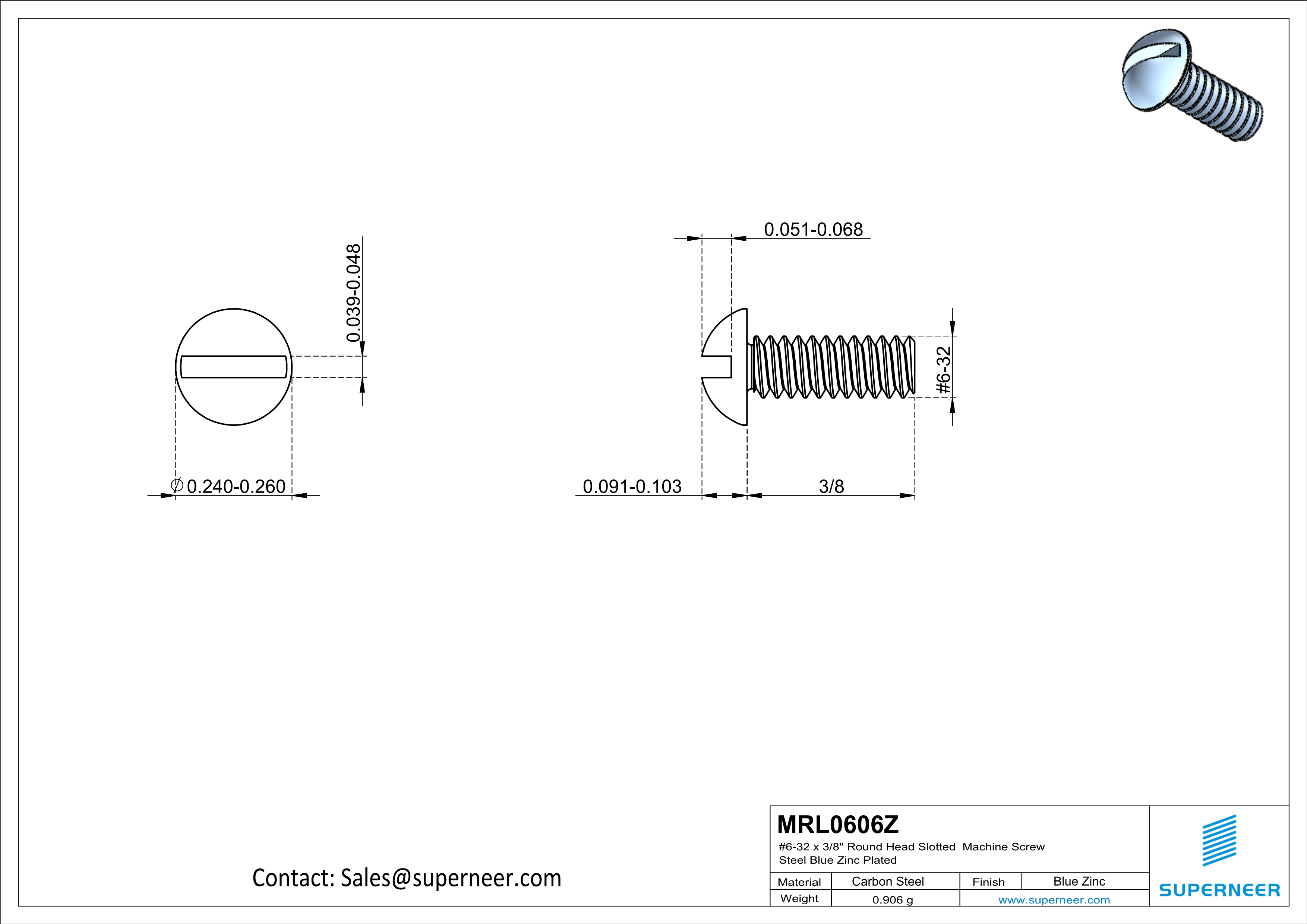 6-32 x 3/8" Round Head Slotted Machine Screw Steel Blue Zinc Plated