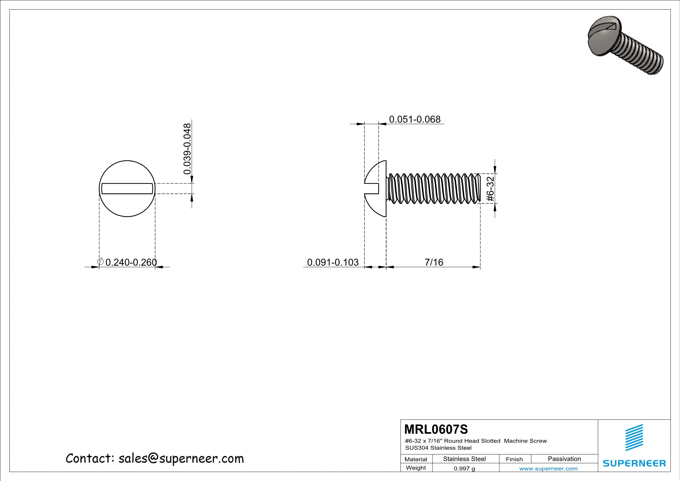 6-32 x 7/16" Round Head Slotted  Machine Screw SUS304 Stainless Steel Inox