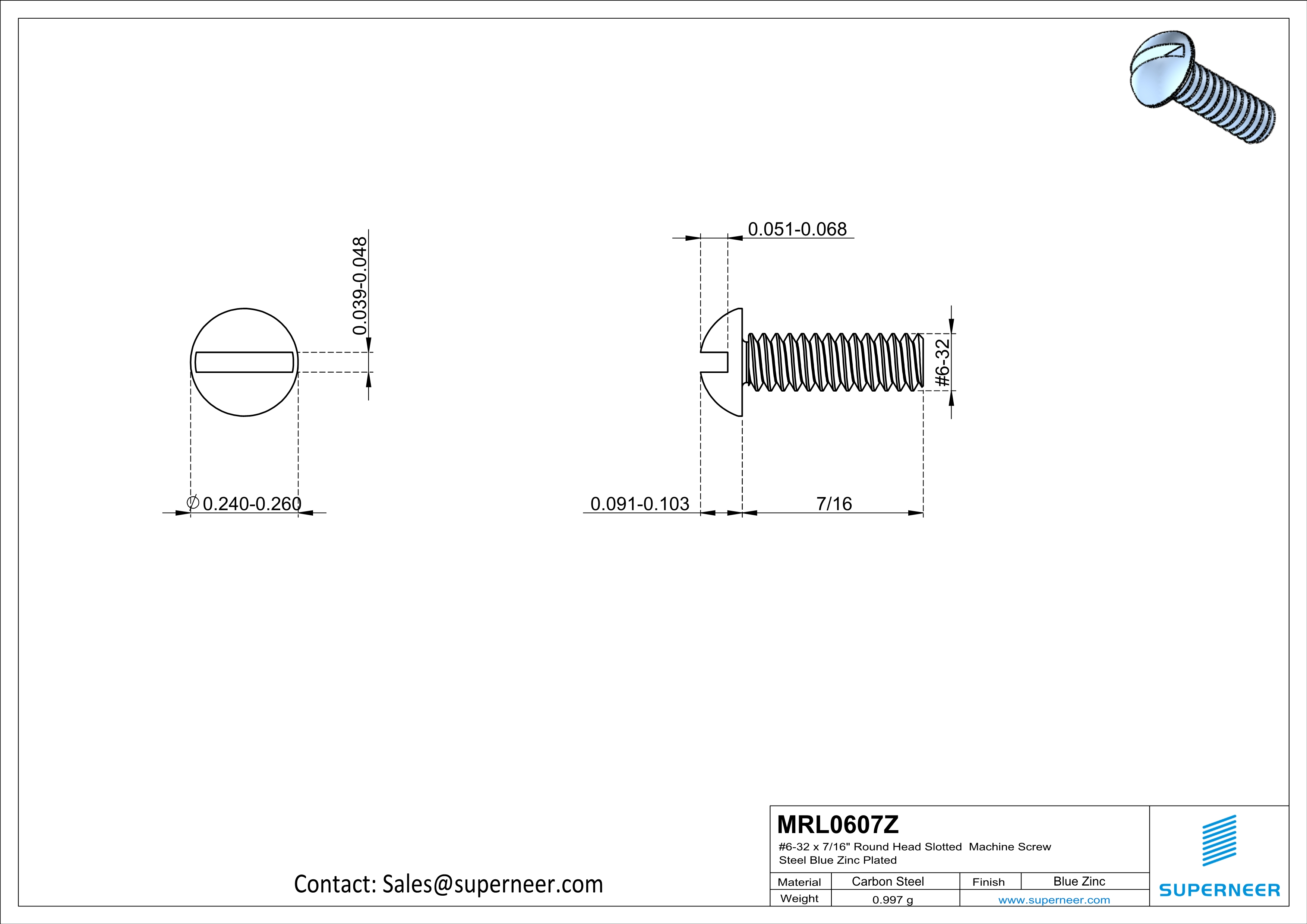 6-32 x 7/16" Round Head Slotted Machine Screw Steel Blue Zinc Plated