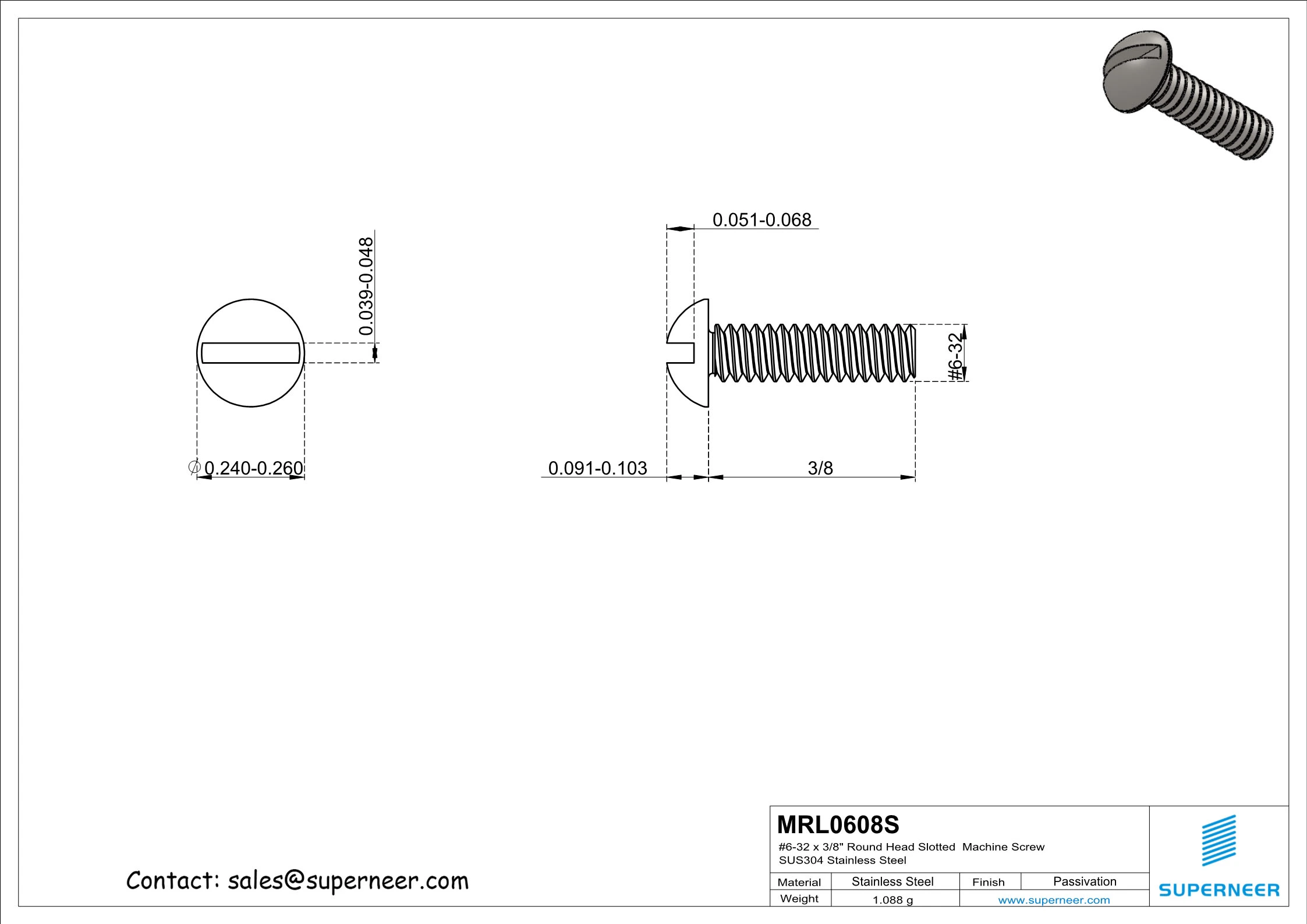 6-32 x 1/2" Round Head Slotted  Machine Screw SUS304 Stainless Steel Inox